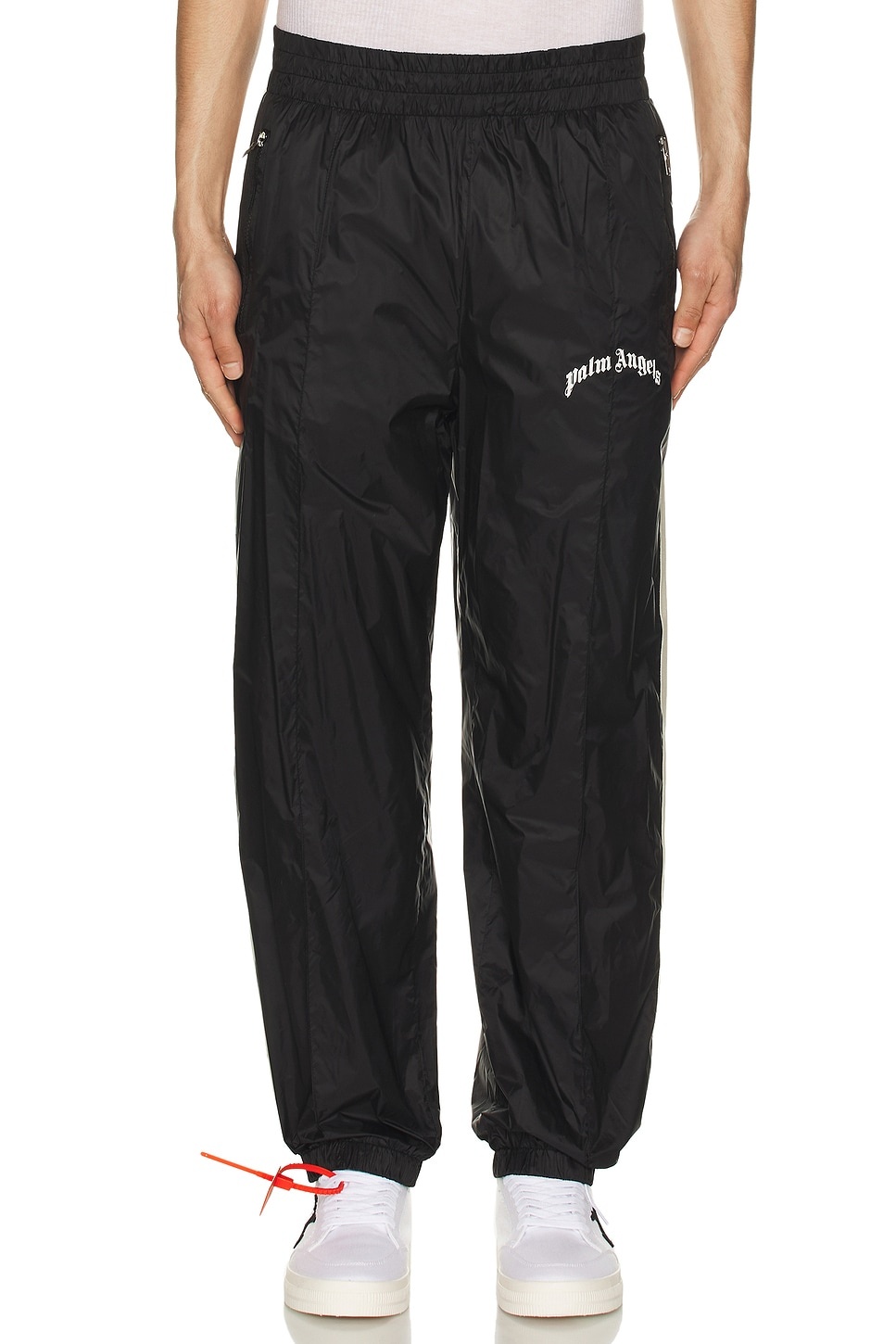 【Palm Angels】ナイロン trackpants Nylon Track Pants Curved Logo in BLACK - GREY for Men | Palm