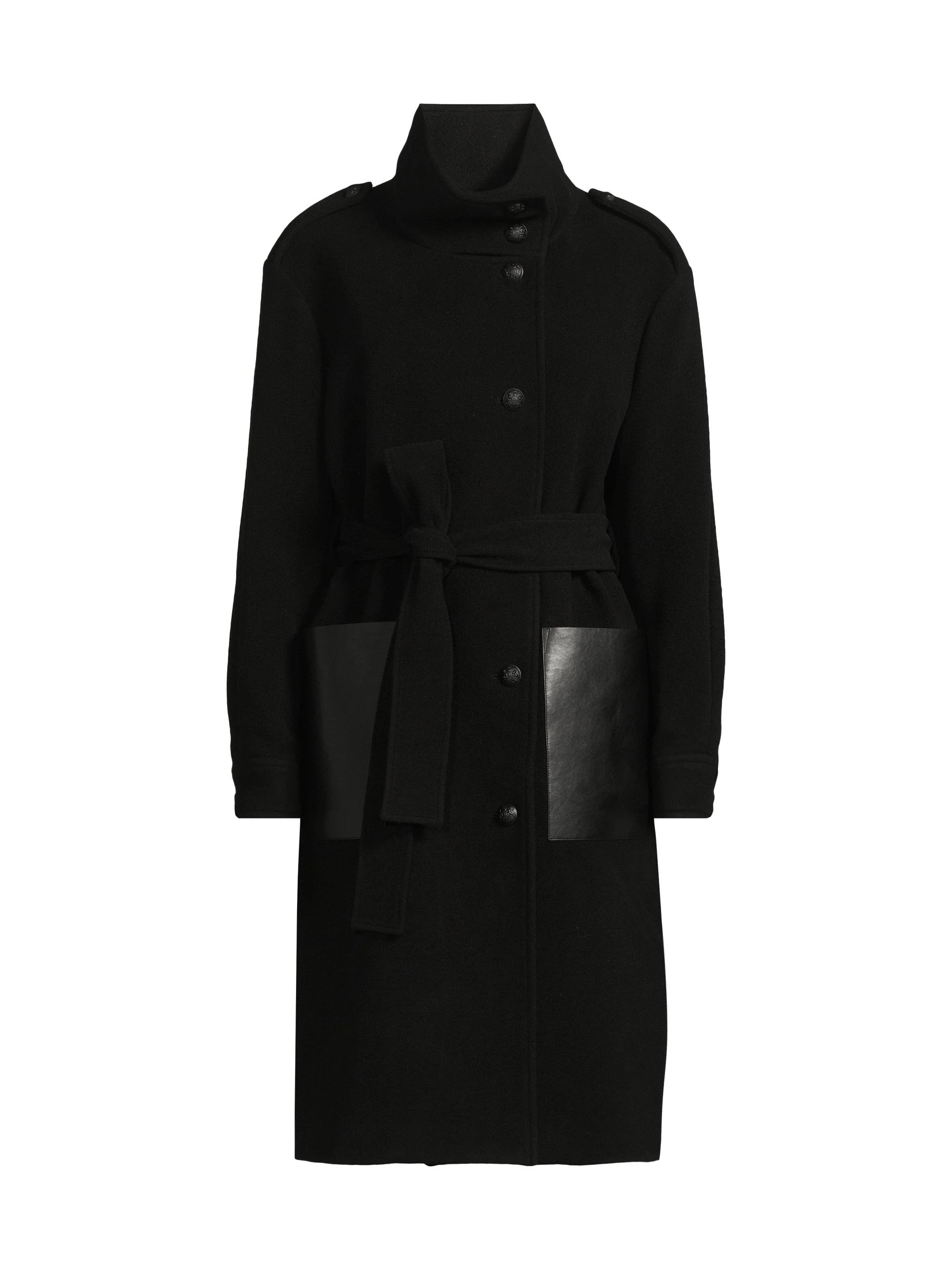 Women's Monet Faux Leather-Pocket Wool Coat - Black - 1