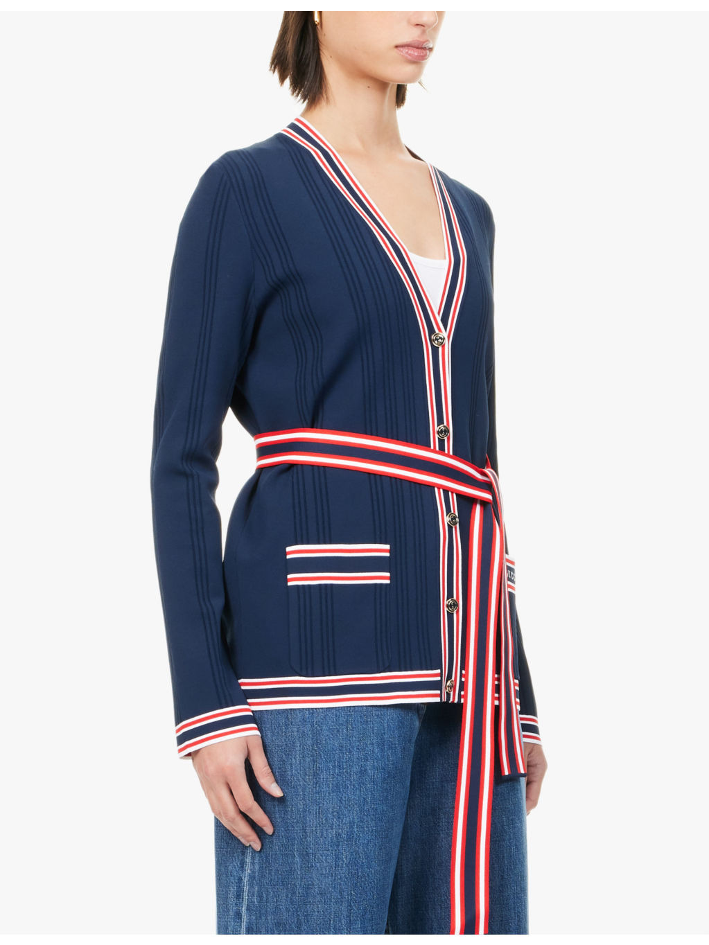 Brand-embroidered tie-belt woven-blend cardigan - 3