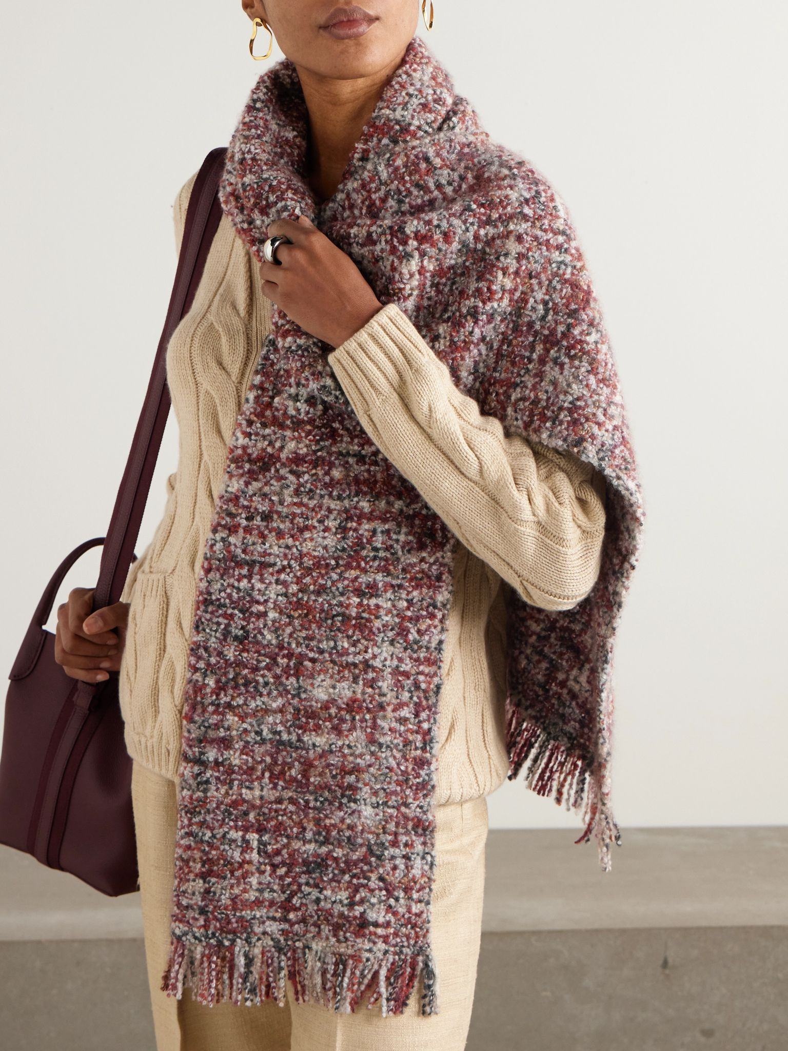 Fringed cashmere and silk-blend bouclé scarf Red - 4