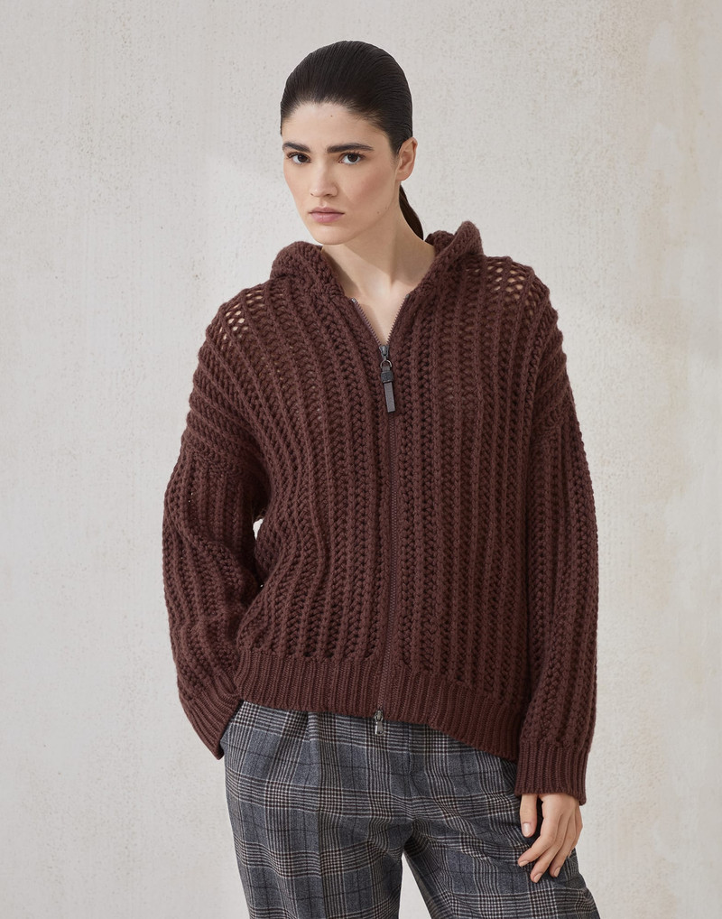 Openwork rib hooded cardigan in cashmere Feather yarn with shiny zipper pull 1