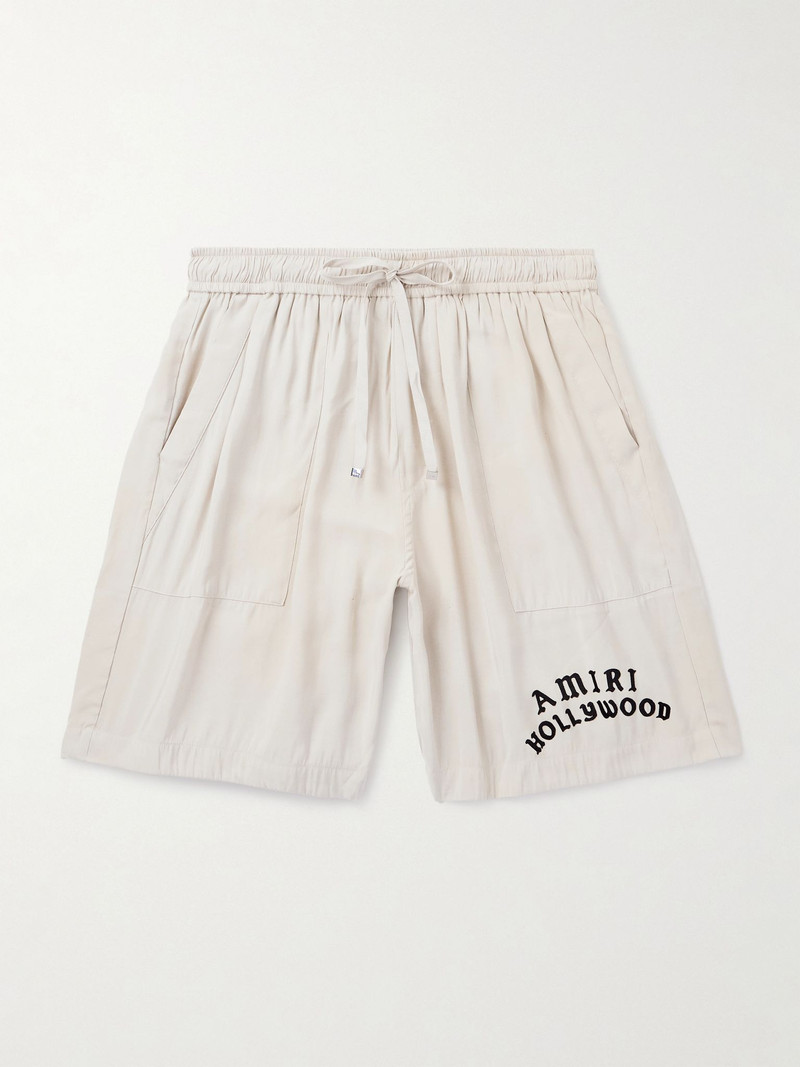 Hollywood Straight-Leg Logo-Flocked Modal-Blend Drawstring Shorts Off-white 1