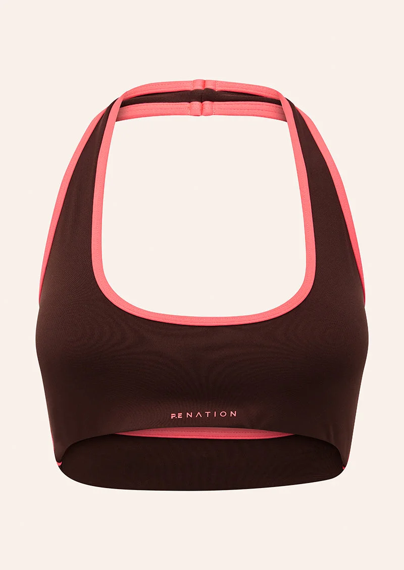 RADAR HALTER SPORTS BRA IN MAHOGANY & DIVA PINK - 1
