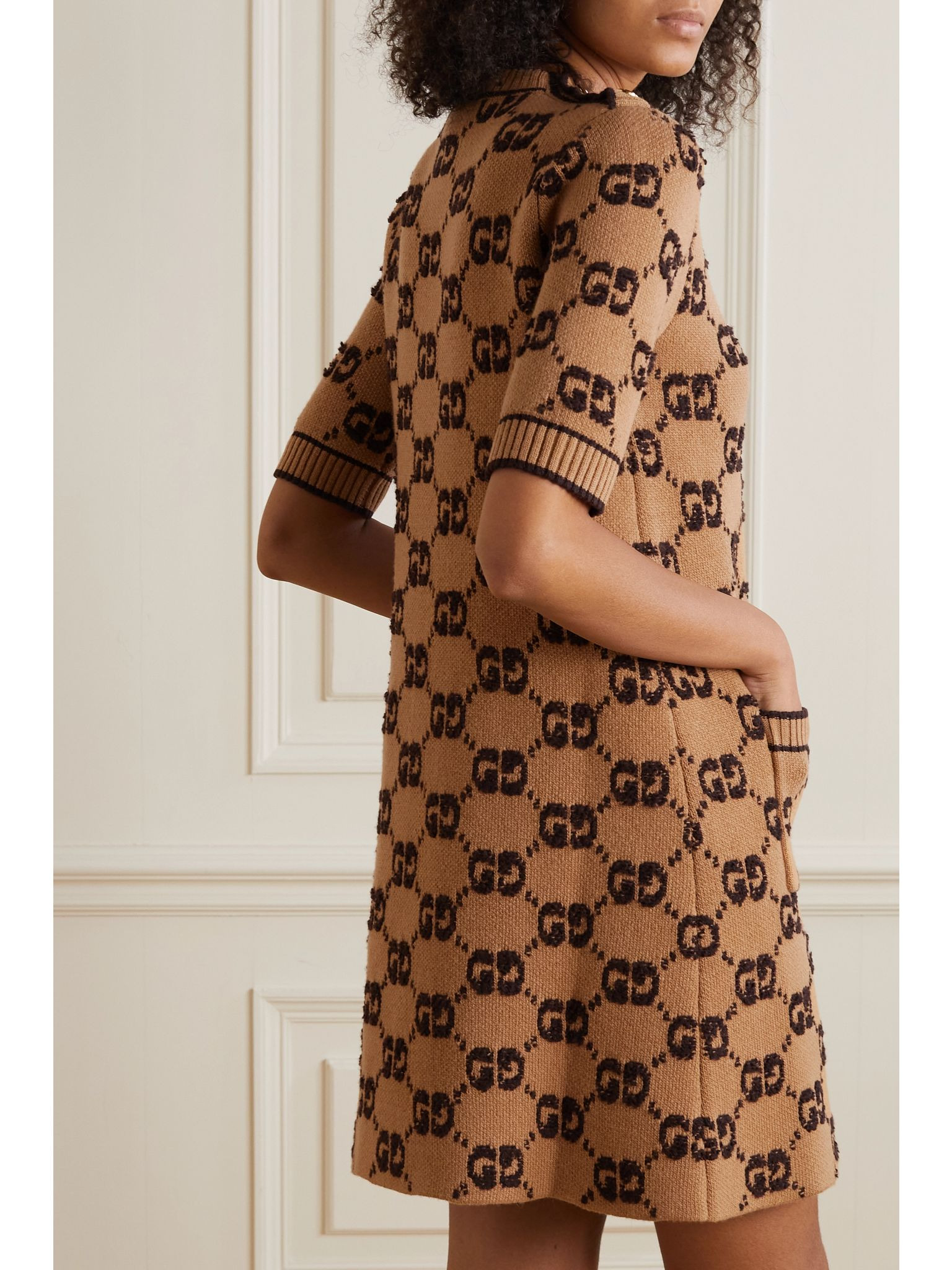 Embellished jacquard-knit wool dress Camel - 3