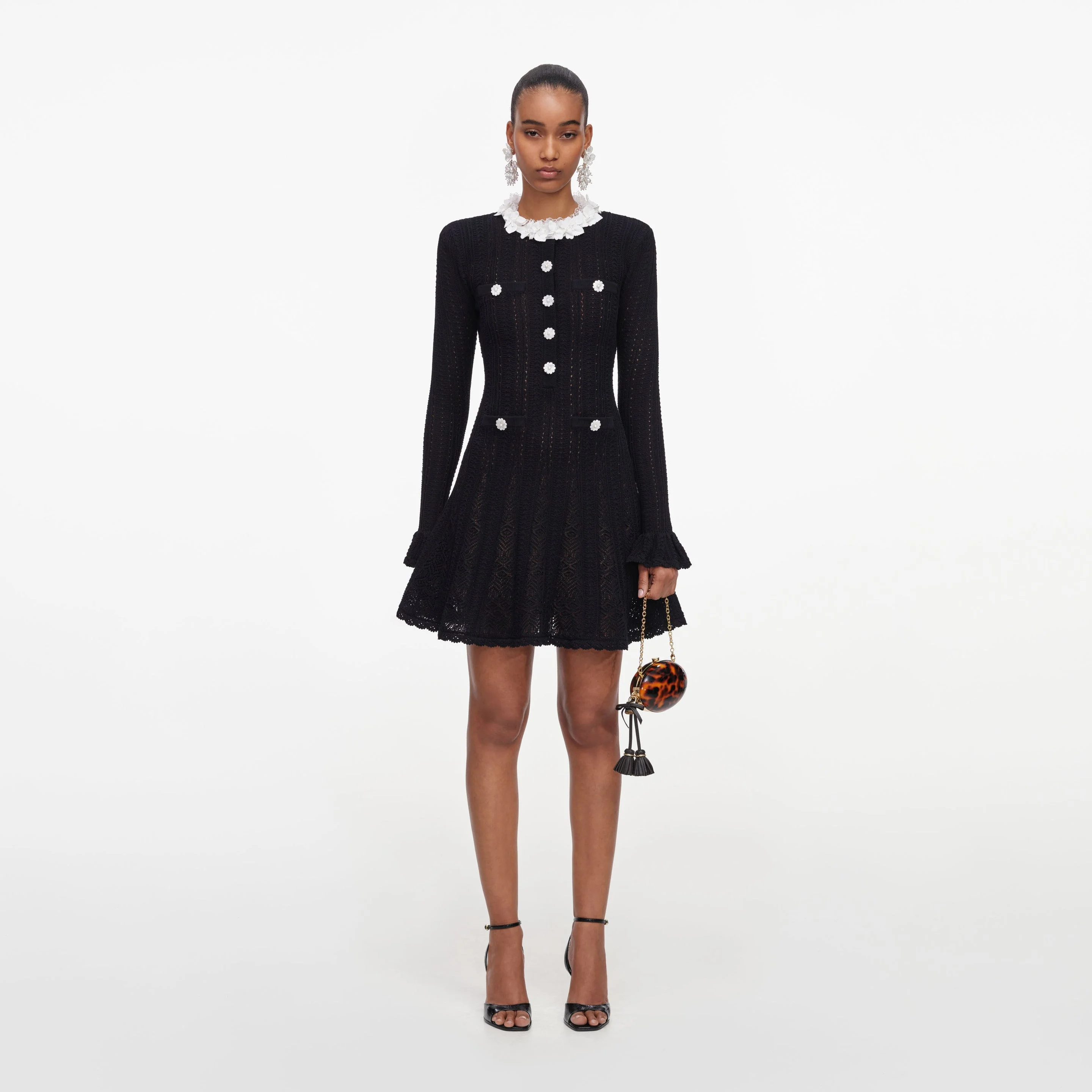 Black Flower Trim Knit Mini Dress - 1