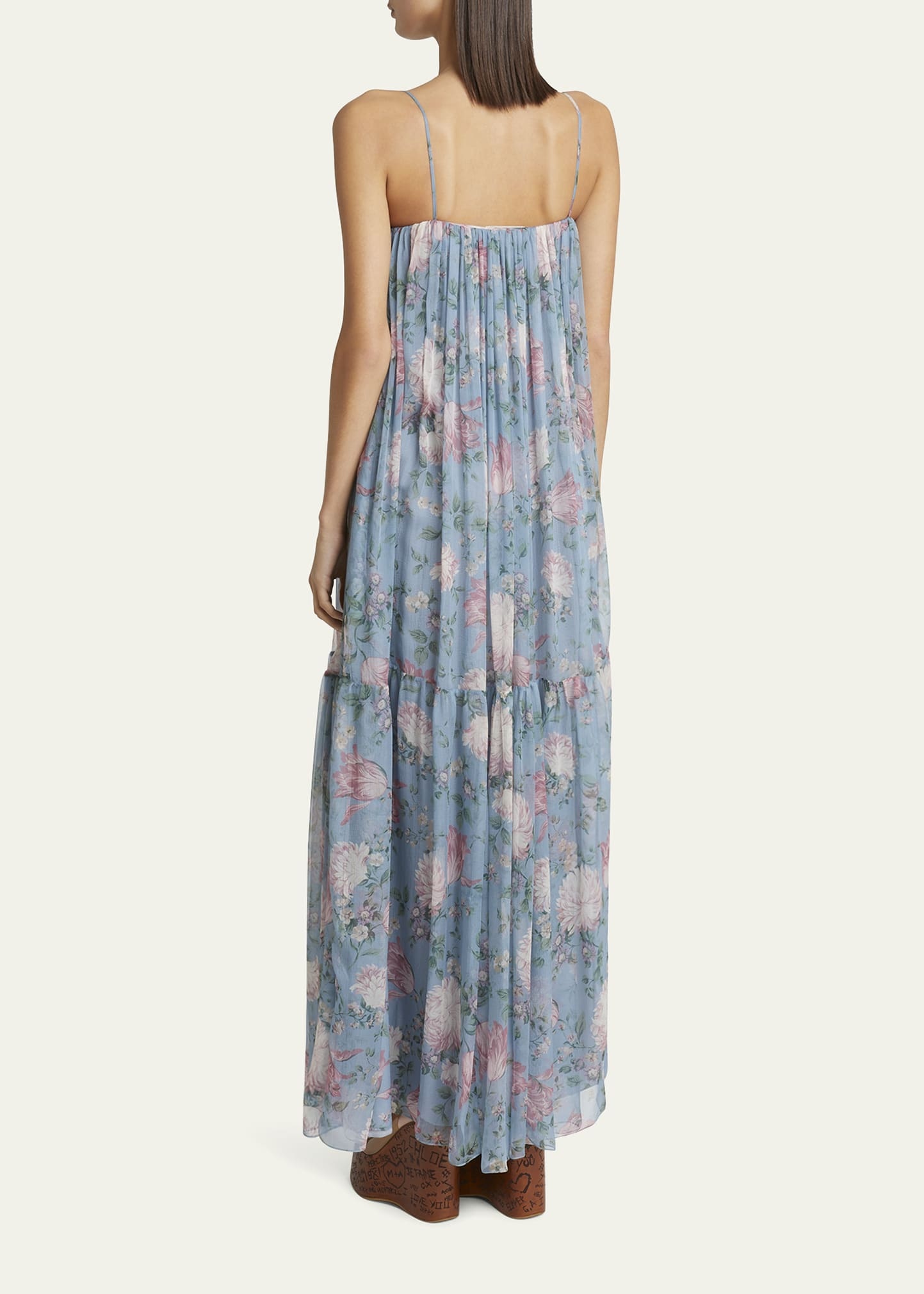 Long Floral Print Tiered Silk Dress - 3