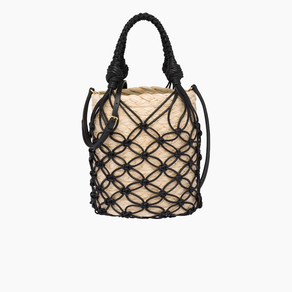 Leather mesh and straw bucket bag - 1