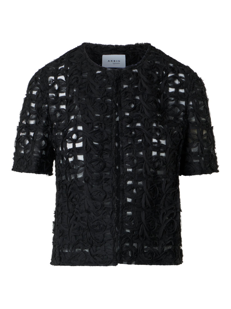Women's Embroidered Tulle Crewneck Jacket - Black 1