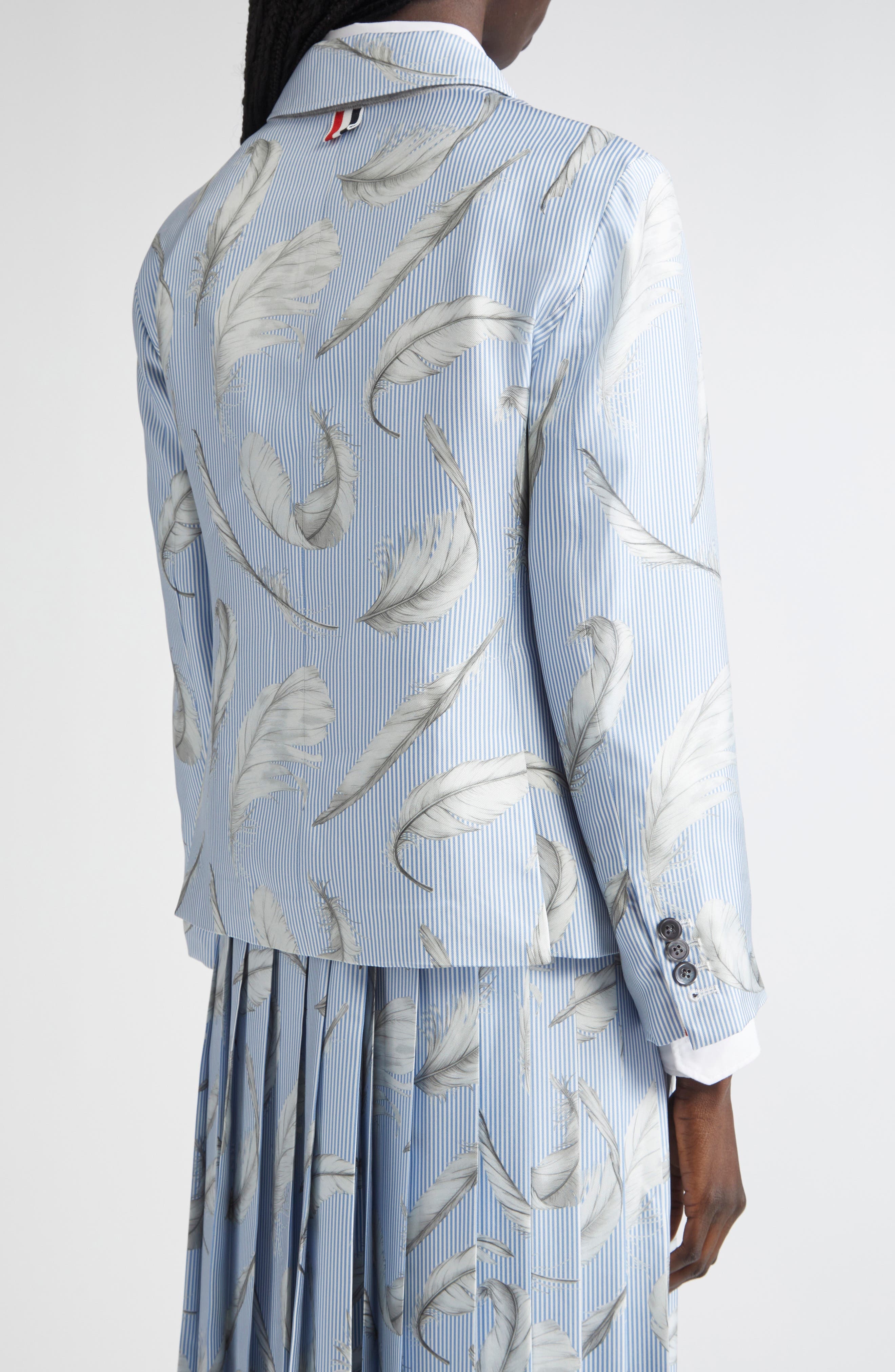 Thom Browne Feather Print Stripe Silk Blazer in Light Blue at Nordstrom - 3
