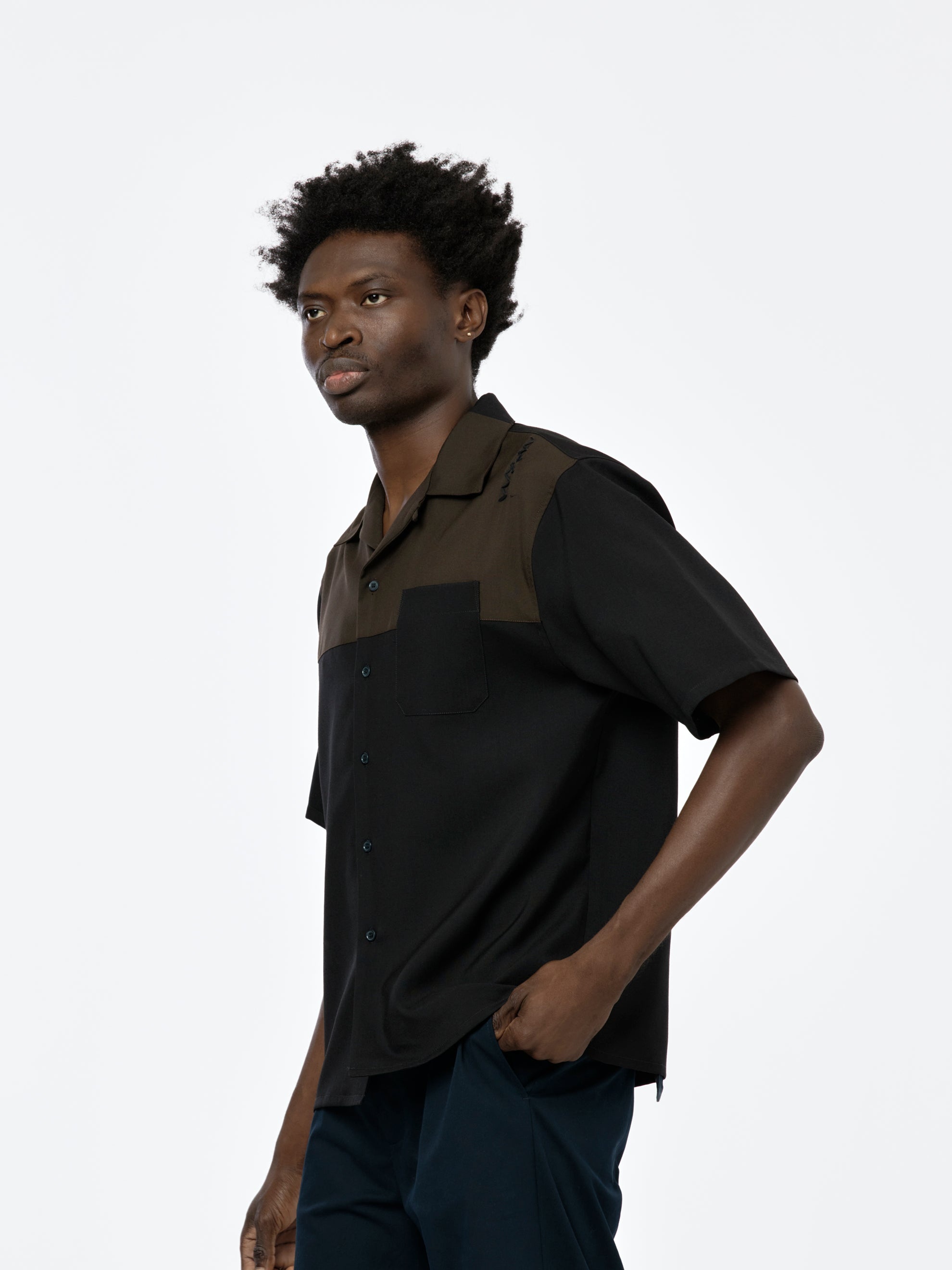 BI-COLOR TROPICAL WOOL SHORT SLEEVE BOWLING SHIRT (BLACK) - 2
