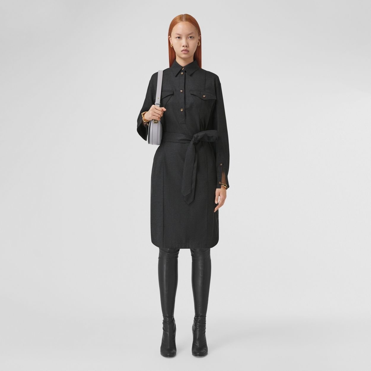 Logo Appliqué Wool Tie-waist Shirt Dress - 2