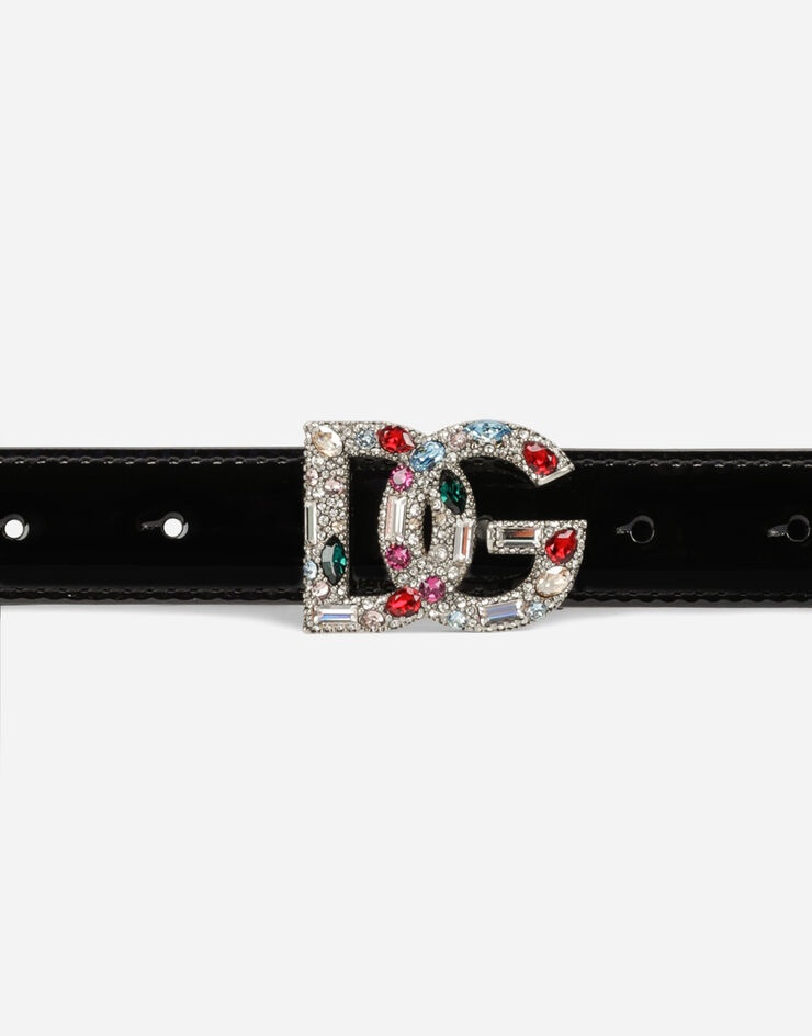 Patent leather belt with crystal-detailed DG logo - 3