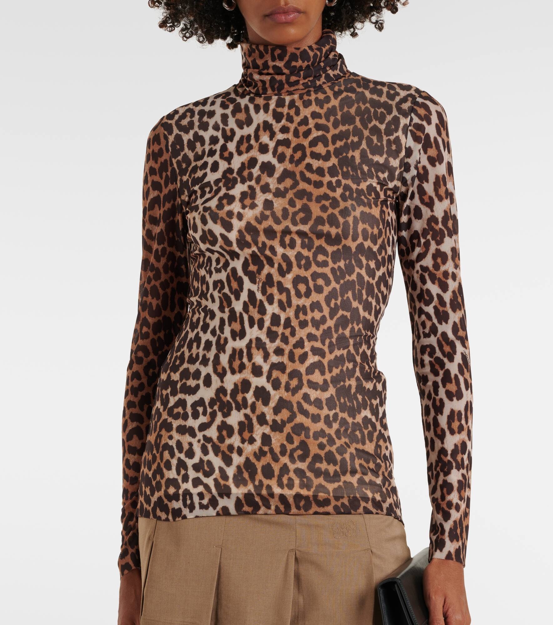 GANNI Leopard-print mesh turtleneck top mytheresa REVERSIBLE