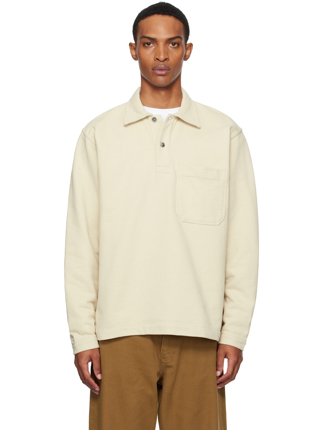 Beige Fraser Relaxed Organic Loopback LS Polo - 1