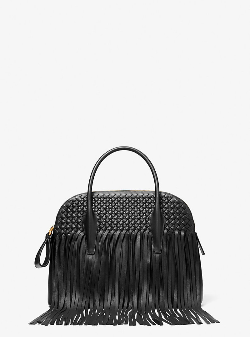 Kaitlin Large Fringed Woven Leather Dome Satchel 1