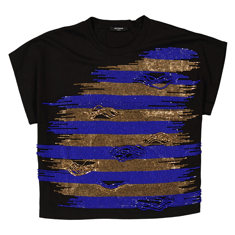Balmain Ladies Striped Embroidered Cropped T-Shirt - 5