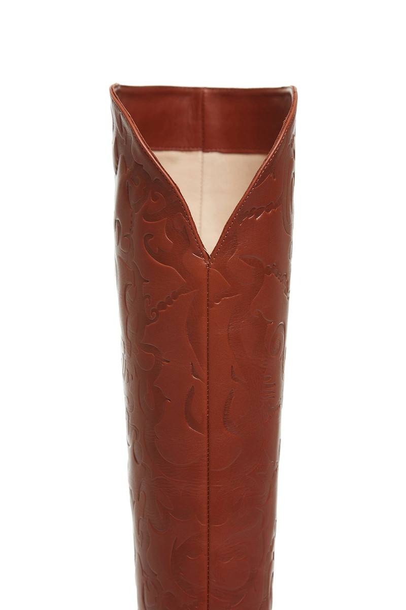 Debossed Knee-High Cora Boots in Cognac Leather 5