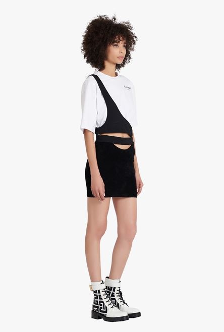 Destructured cropped white eco-designed cotton T-shirt with black Balmain logo - 7