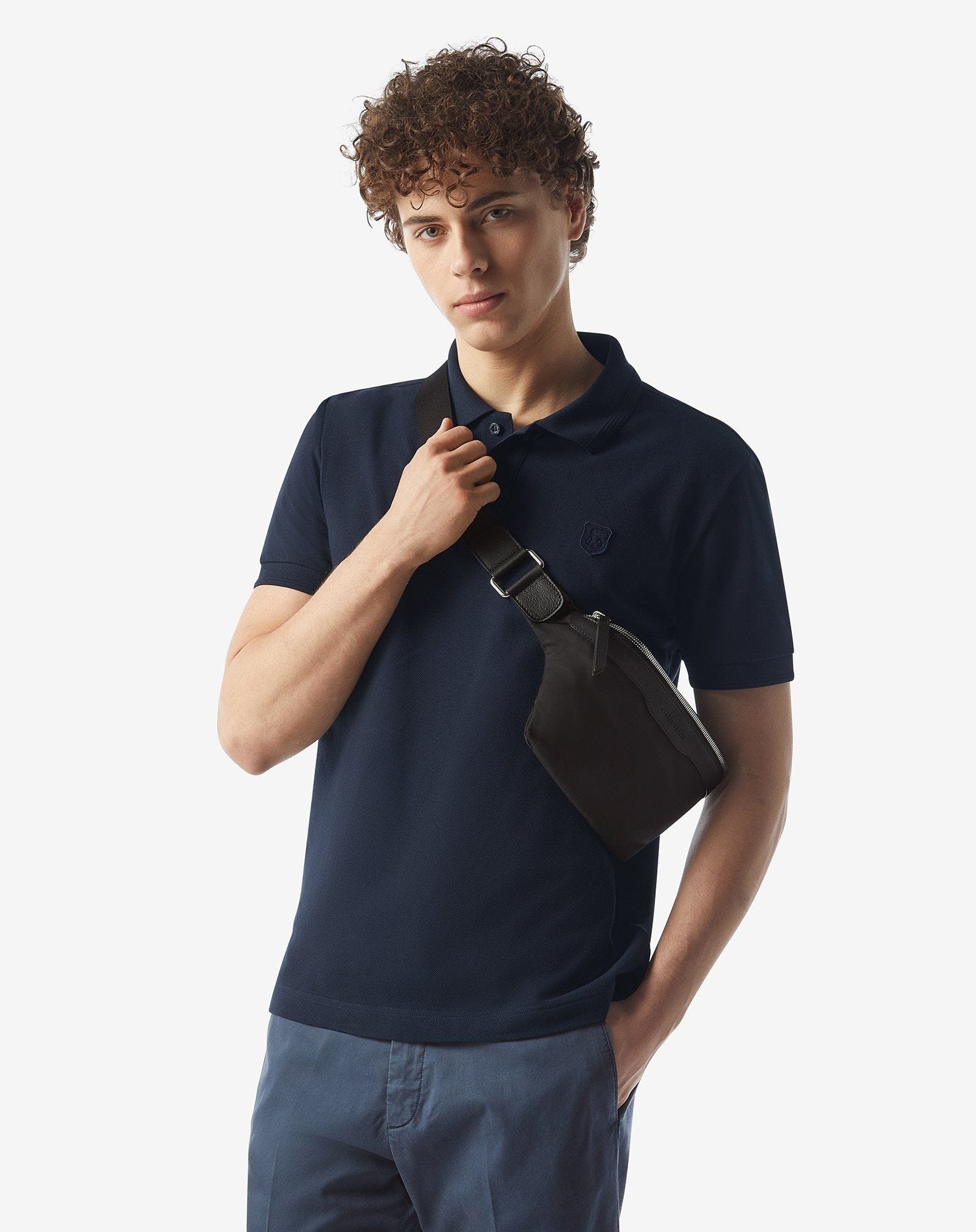 Blue button-up cotton pique polo shirt - 2