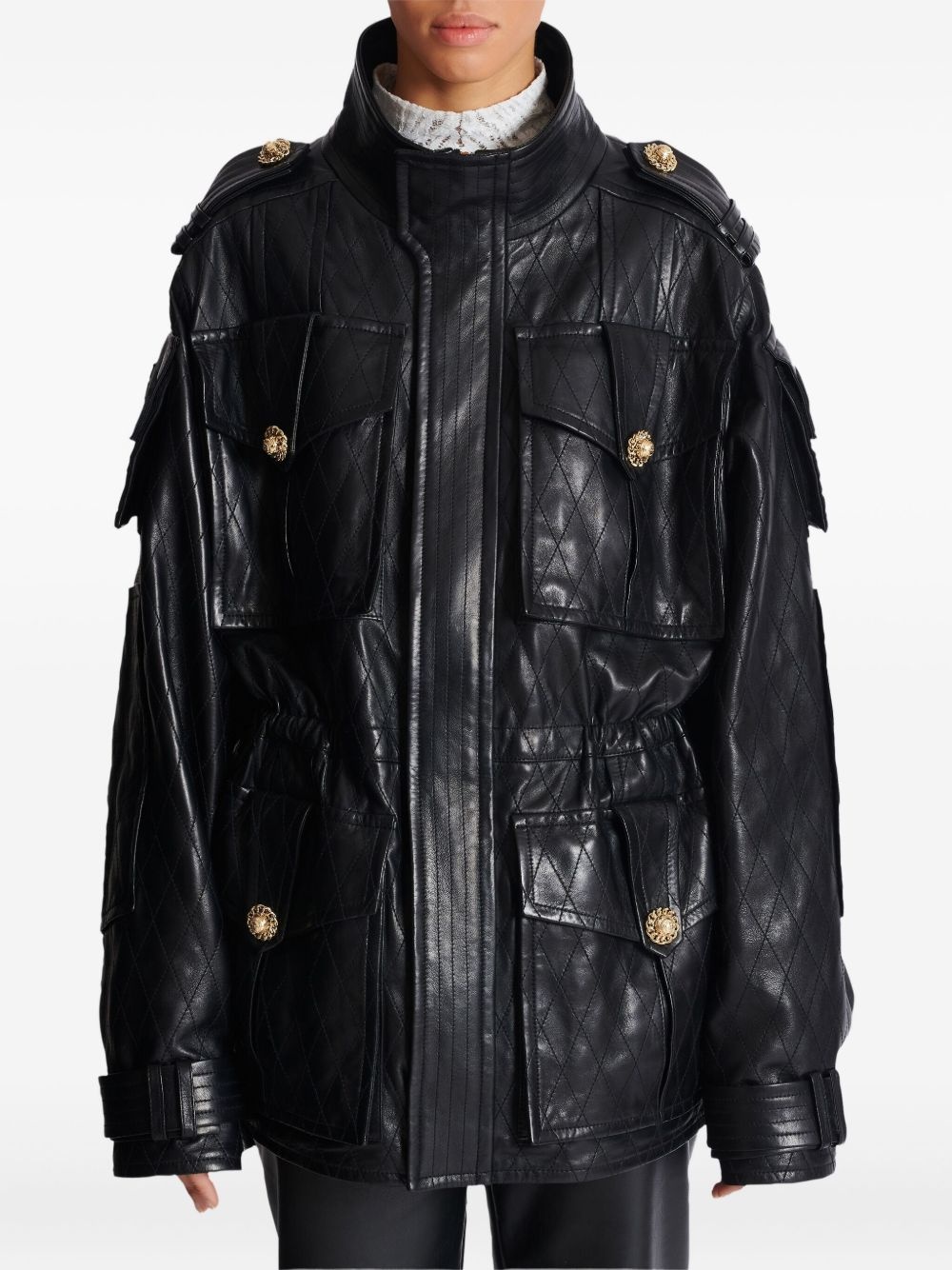 diamond-stitched leather parka coat - 6