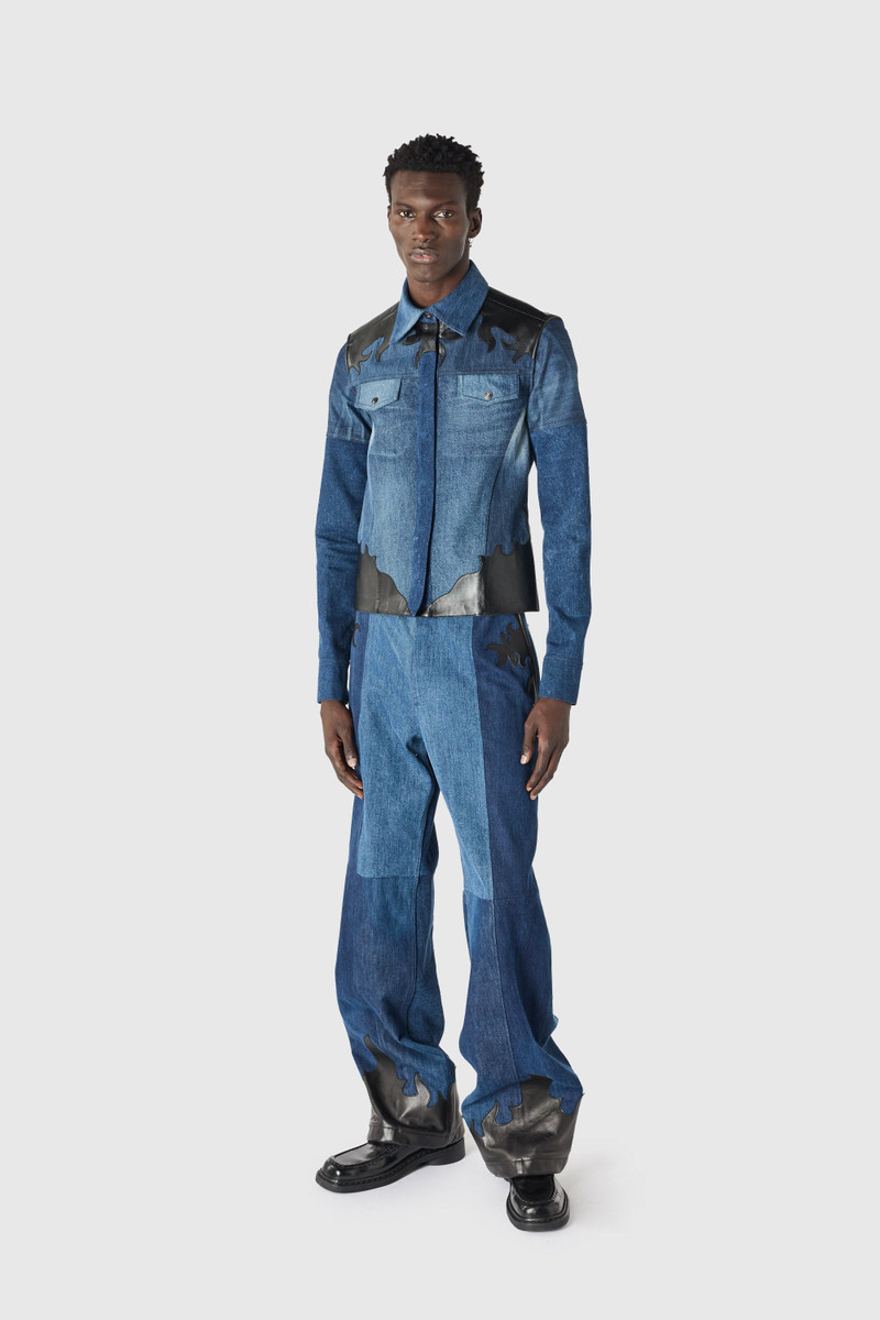 Upcycled denim trucker jacket with leather patches 10