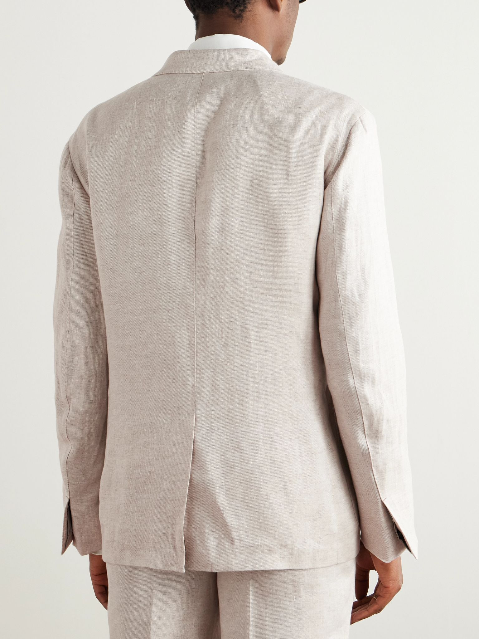 Double-Breasted Linen-Twill Suit Jacket Beige - 3