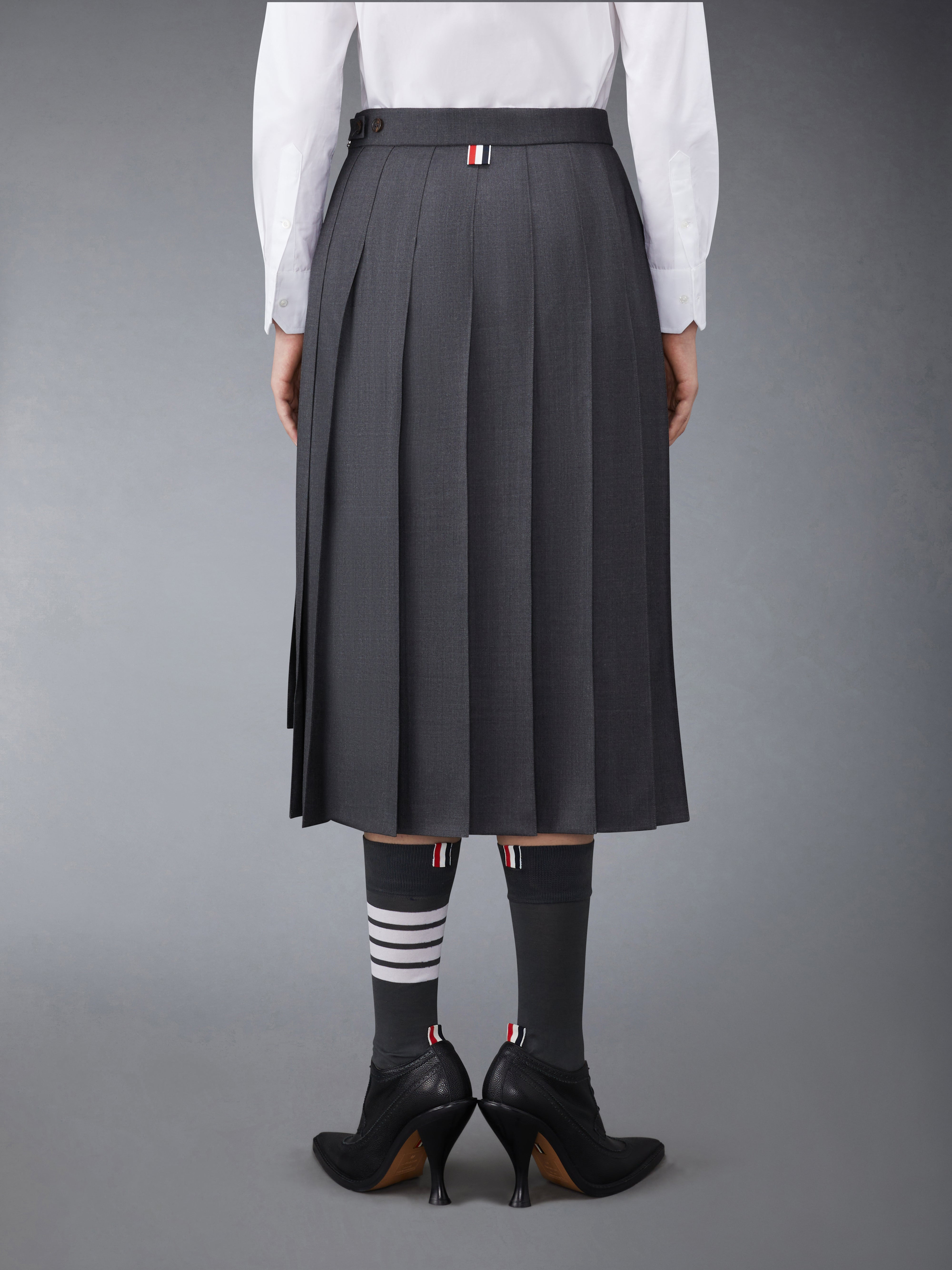 Dark Grey Super 120's Twill Below Knee Pleated Skirt - 3