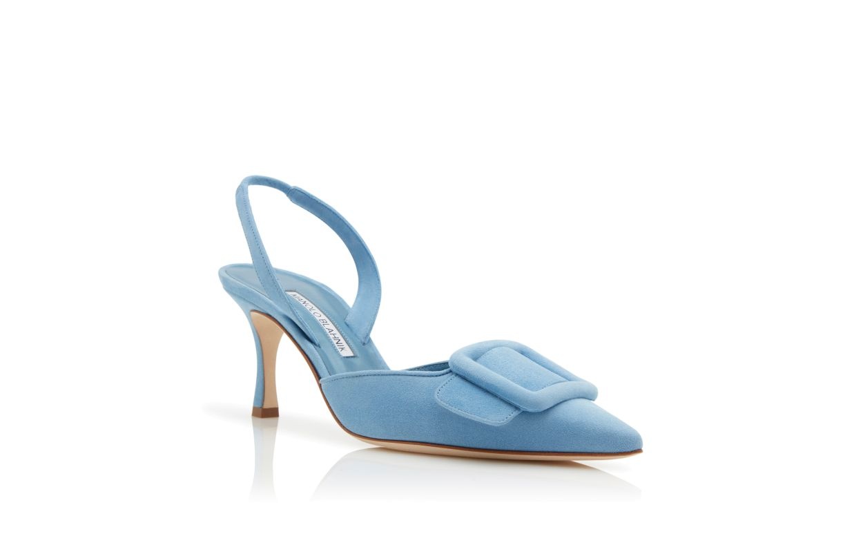 Light Blue Suede Buckle Detail Slingback Pumps - 3