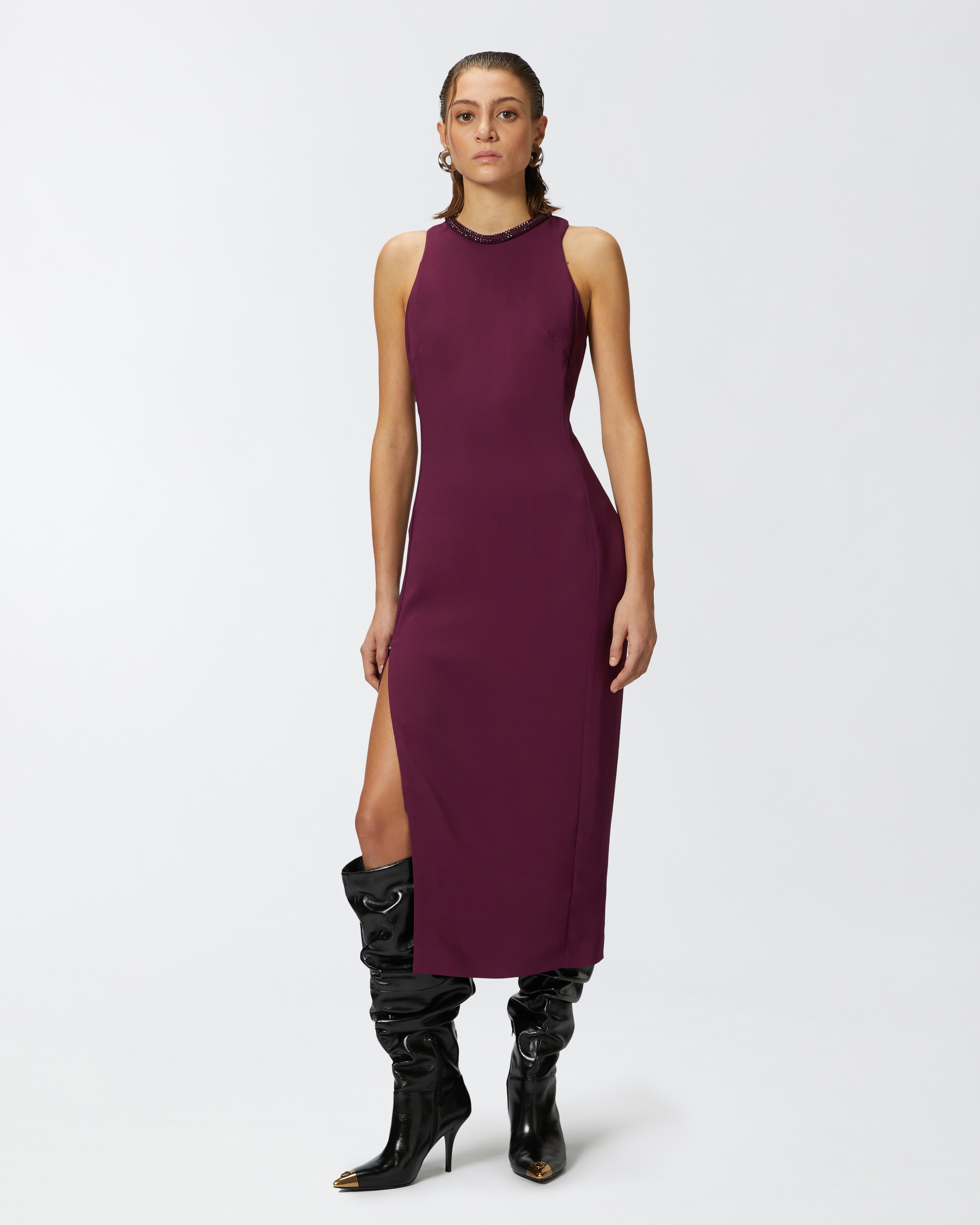 BLACK SHEATH DRESS WITH RHINESTONED NECKLINE - 3