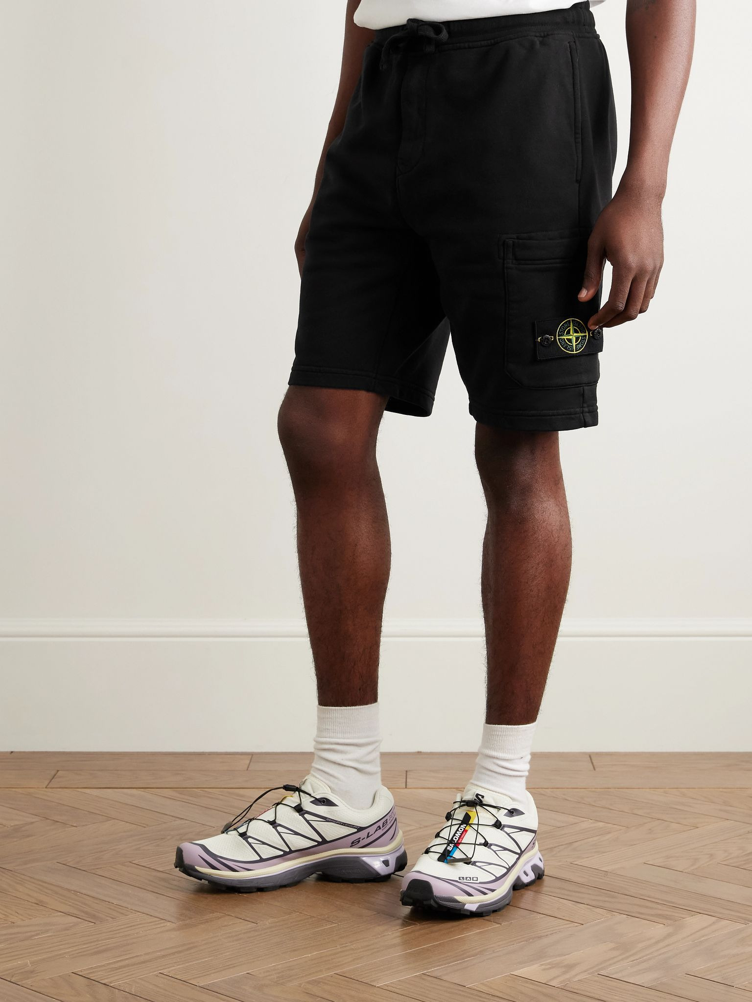 Straight-Leg Logo-Appliquéd Garment-Dyed Cotton-Jersey Drawstring Shorts Black - 3
