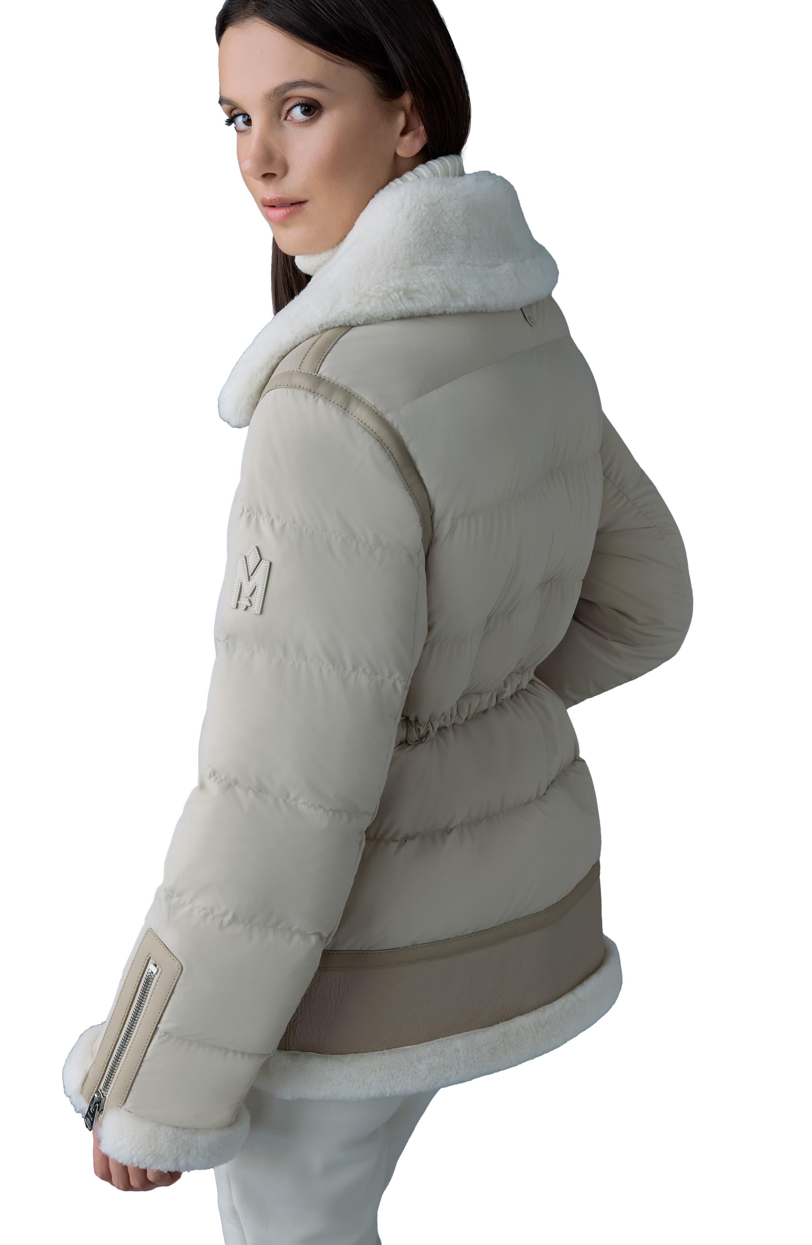 Mackage Vanna Mixed Media Genuine Shearling Down Puffer Coat in Trench-Natural at Nordstrom - 4