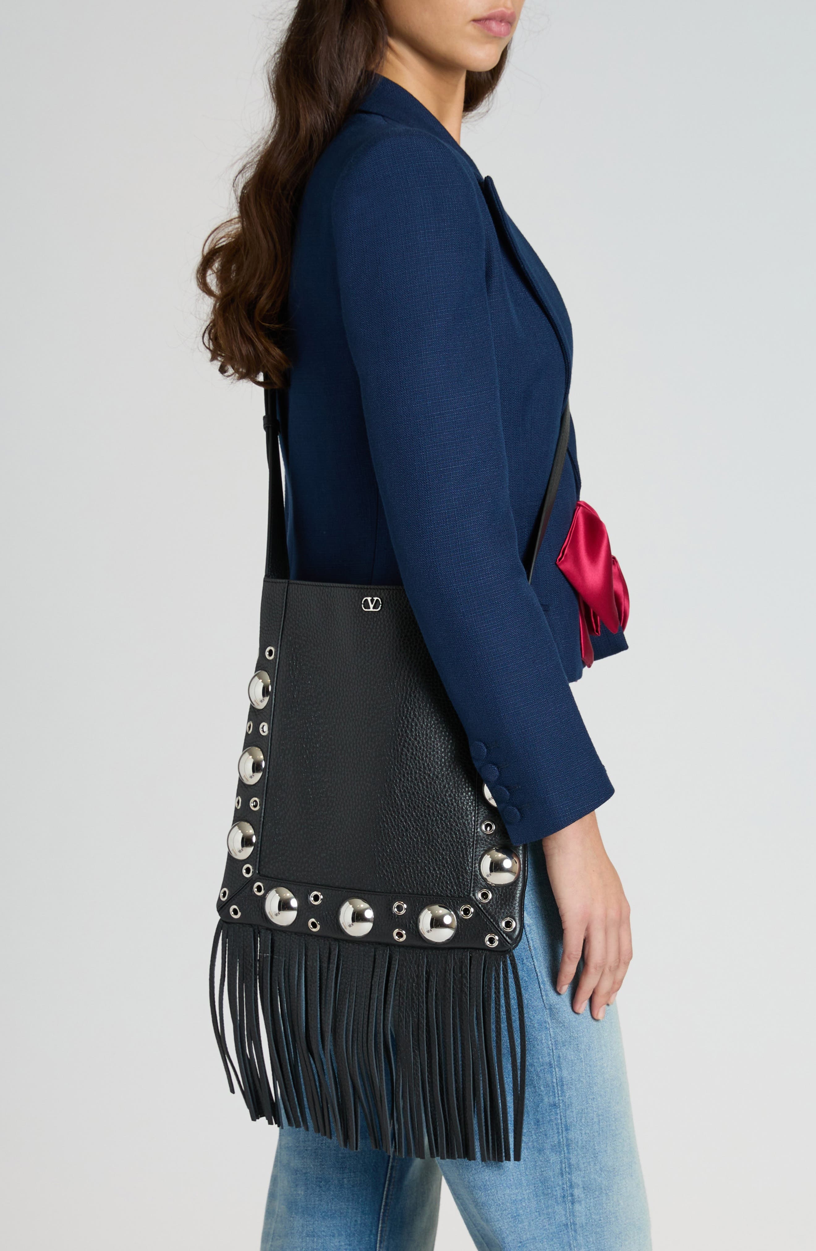 Valentino Garavani Medium Nellcôte Fringe Stud Crossbody Bag in Nero at Nordstrom - 3