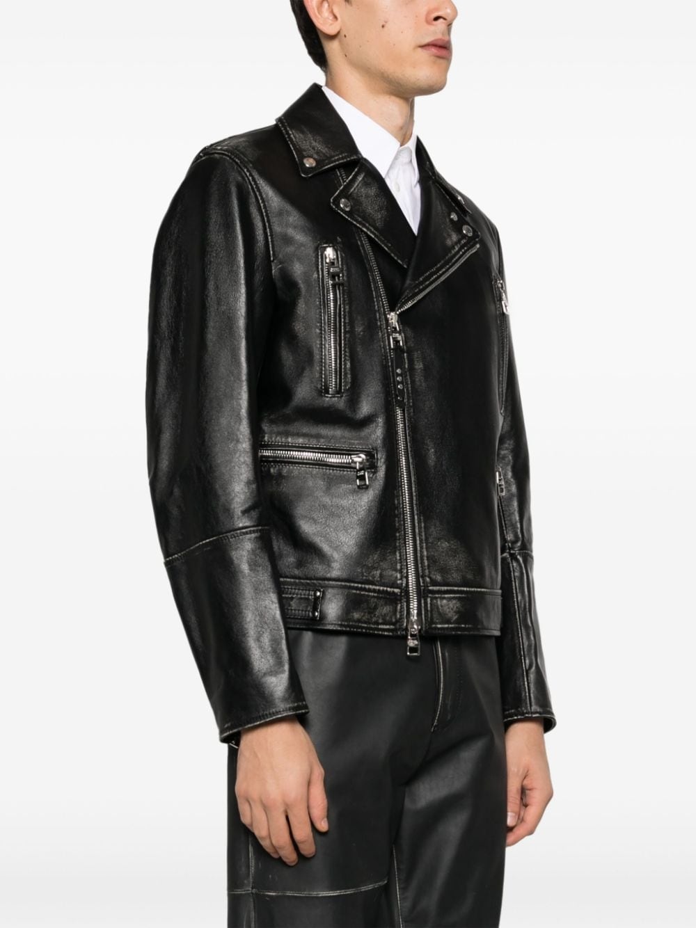 zipped leather biker jacket - 3