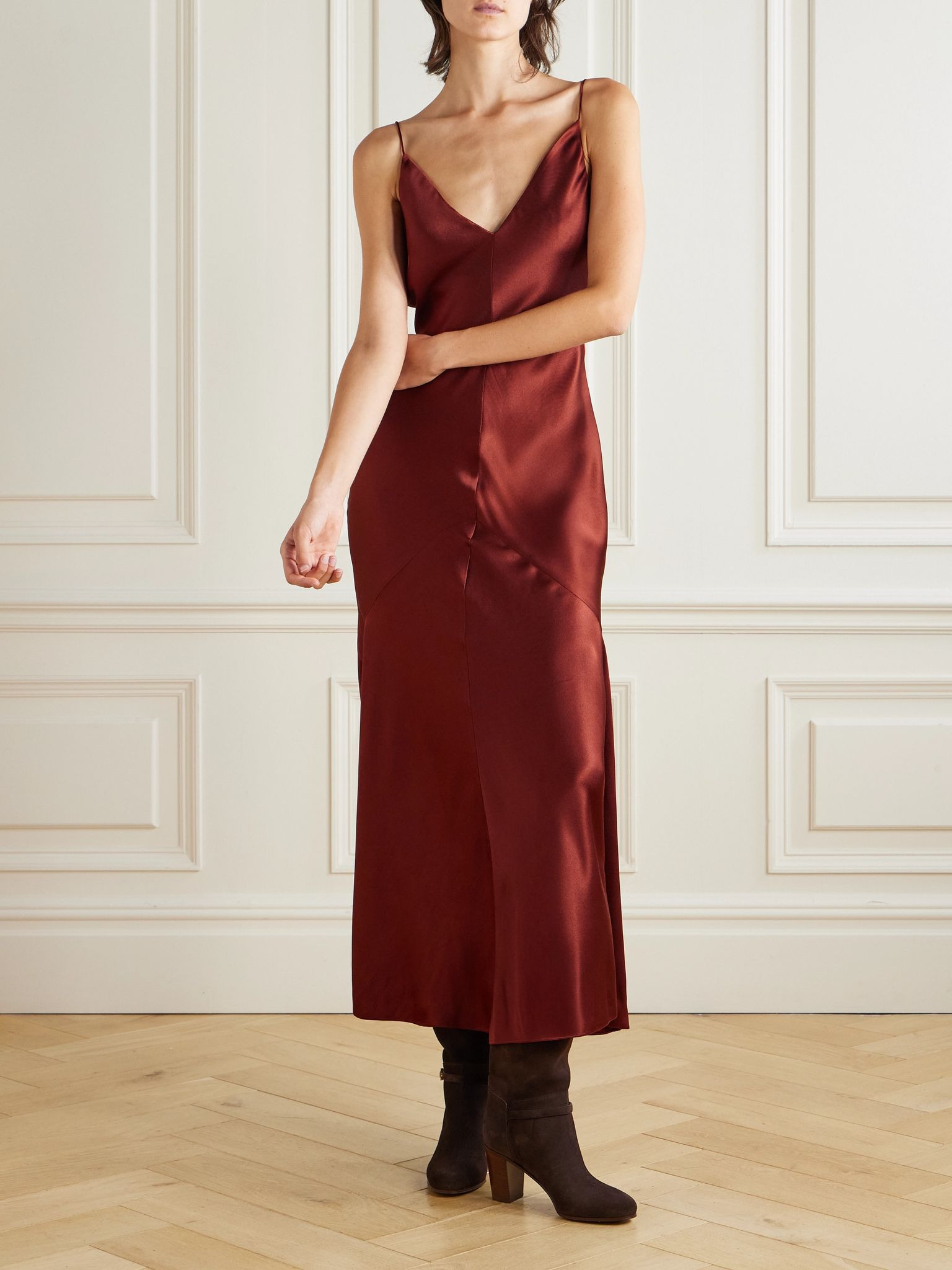 Brigita paneled silk-satin maxi dress Brown - 2