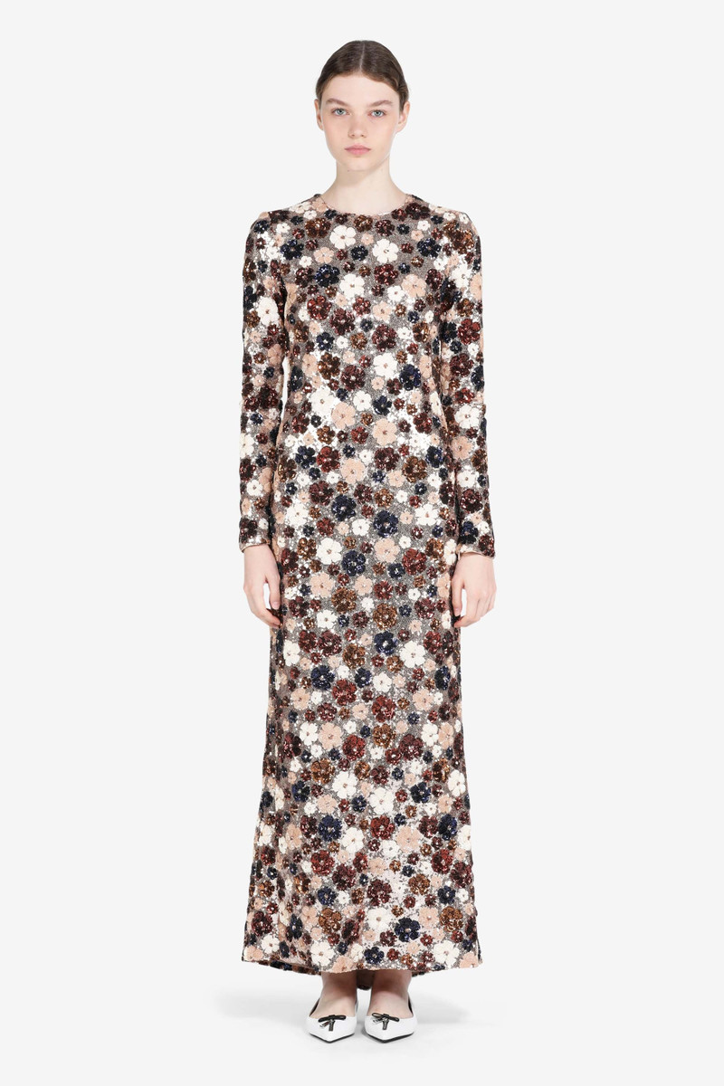 FLORAL-EMBELLISHED SEQUIN LONG DRESS 1