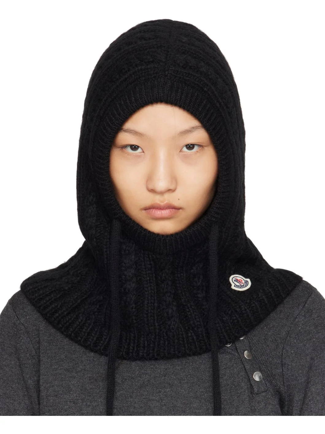 Black Cable Knit Alpaca Blend Balaclava - 1