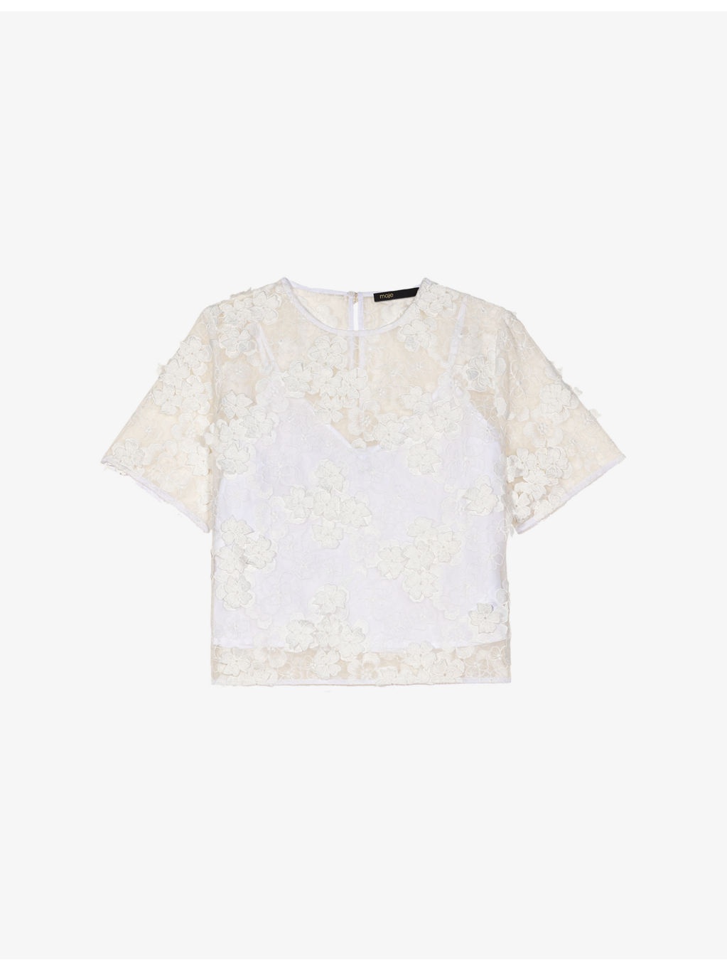 Flower-embroidered short-sleeve woven top - 1