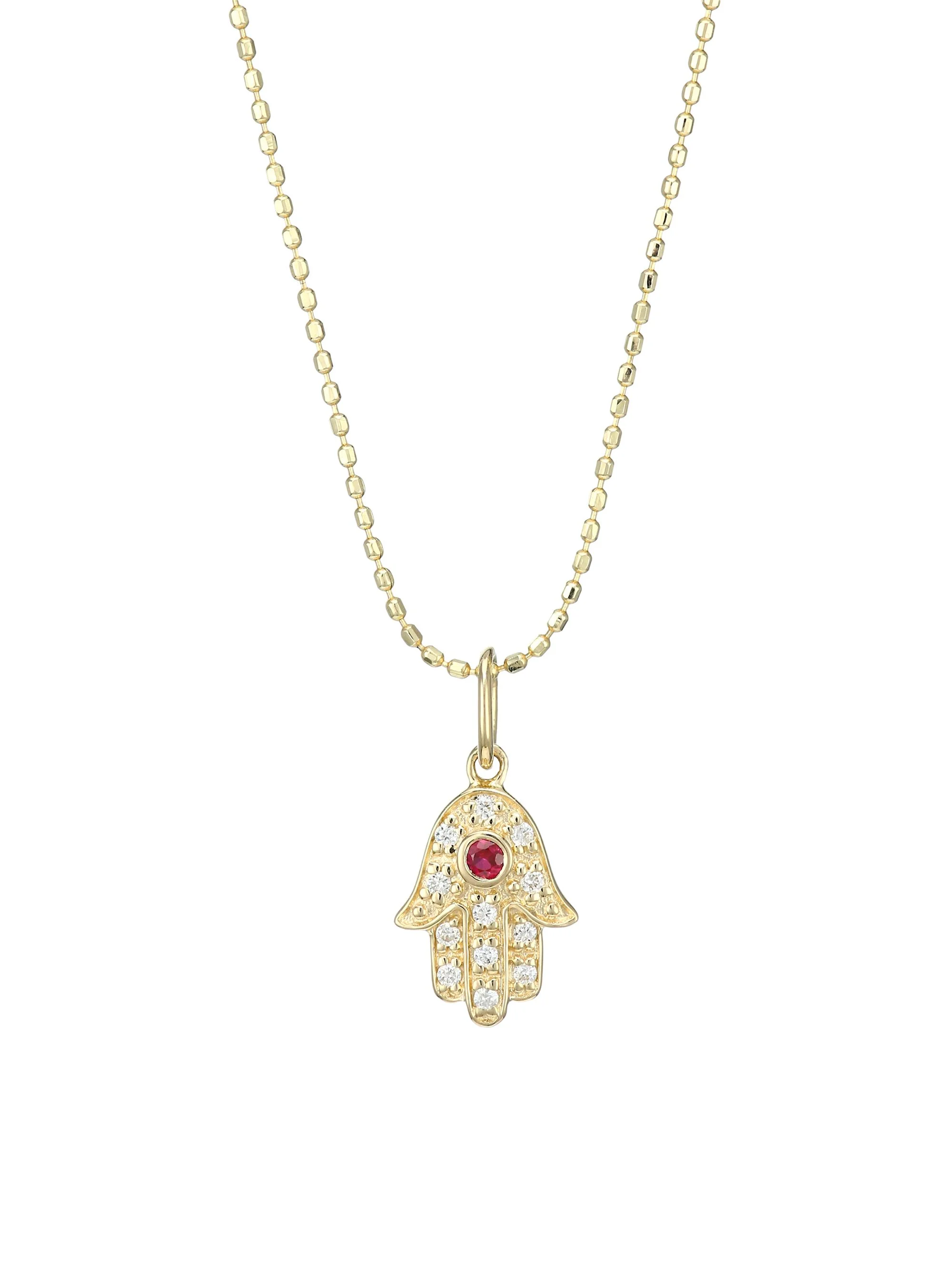 Diamond, Ruby & 14K Yellow Gold Hamsa Pendant - 1
