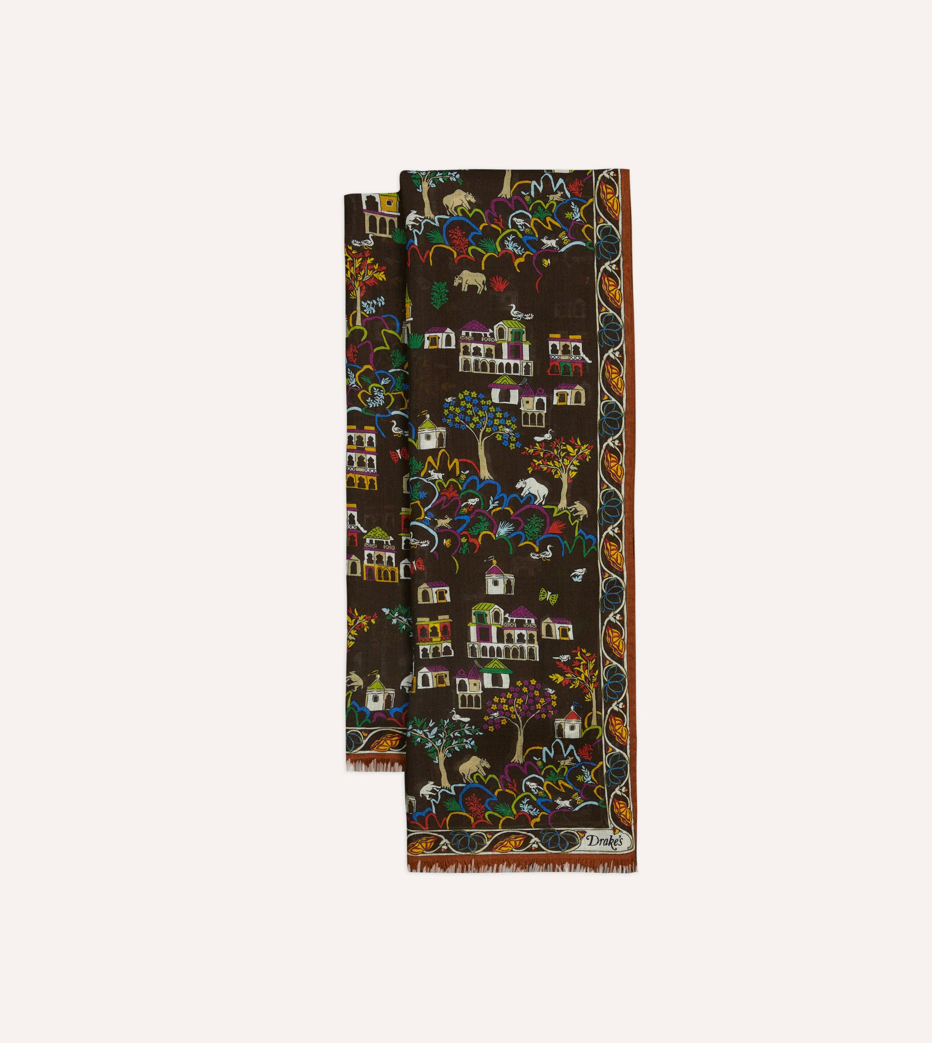 Brown Antique Village Print Wool Silk Scarf - 1