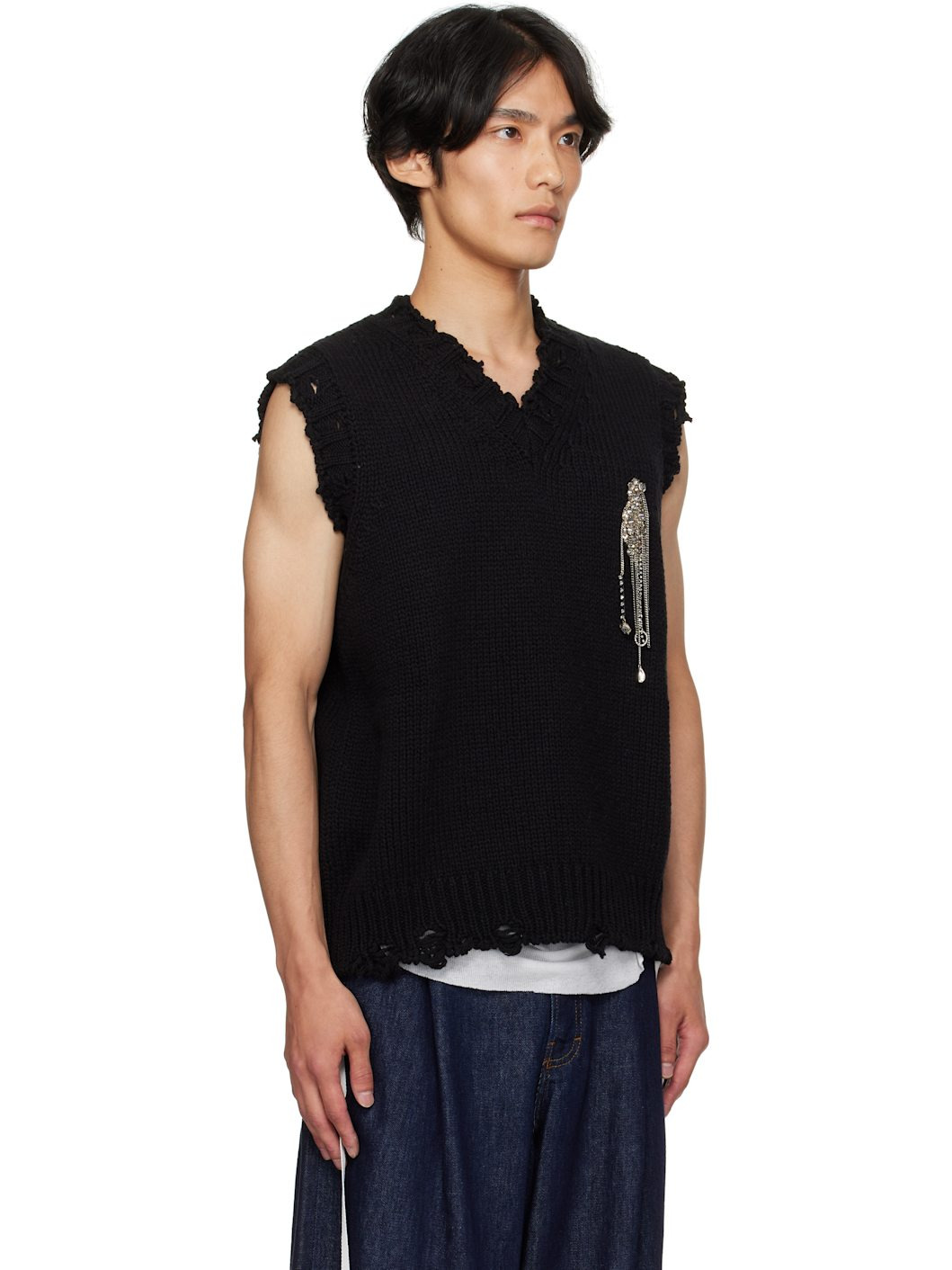 Black Patch Embroidery Distressed Vest - 2