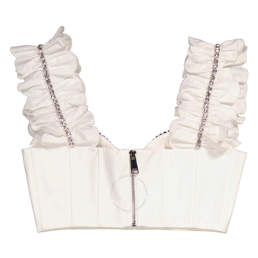 Area Ladies Crystal Embellished Poplin Ruffle Bustier Cropped Top - 6