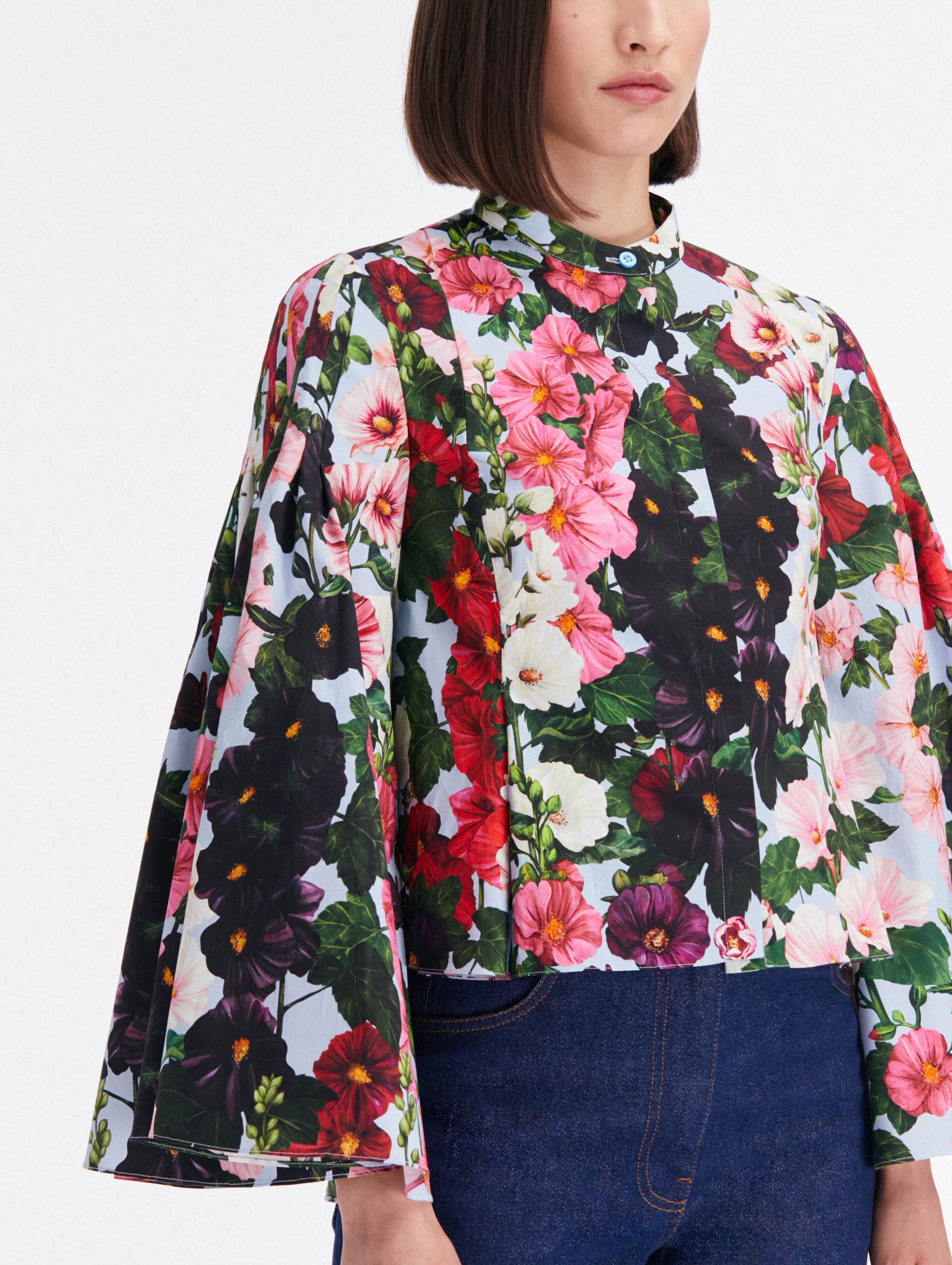 BELL SLEEVE HOLLYHOCKS COTTON POPLIN BLOUSE - 4