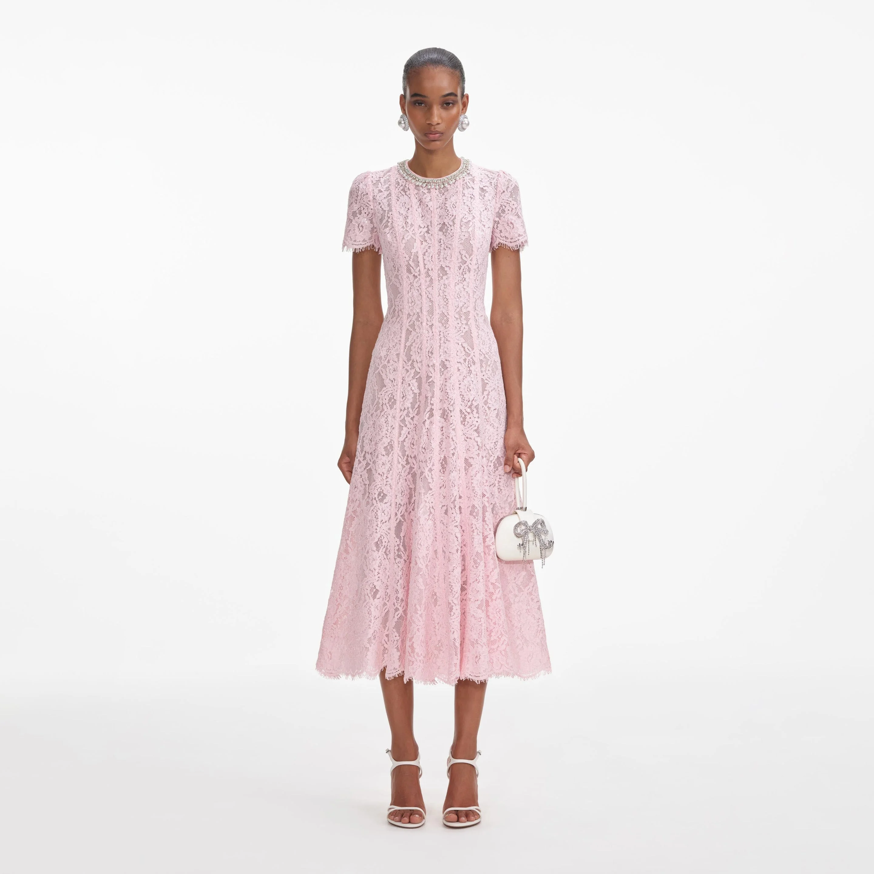 Pink Lace Embellished Midi Dress - 1