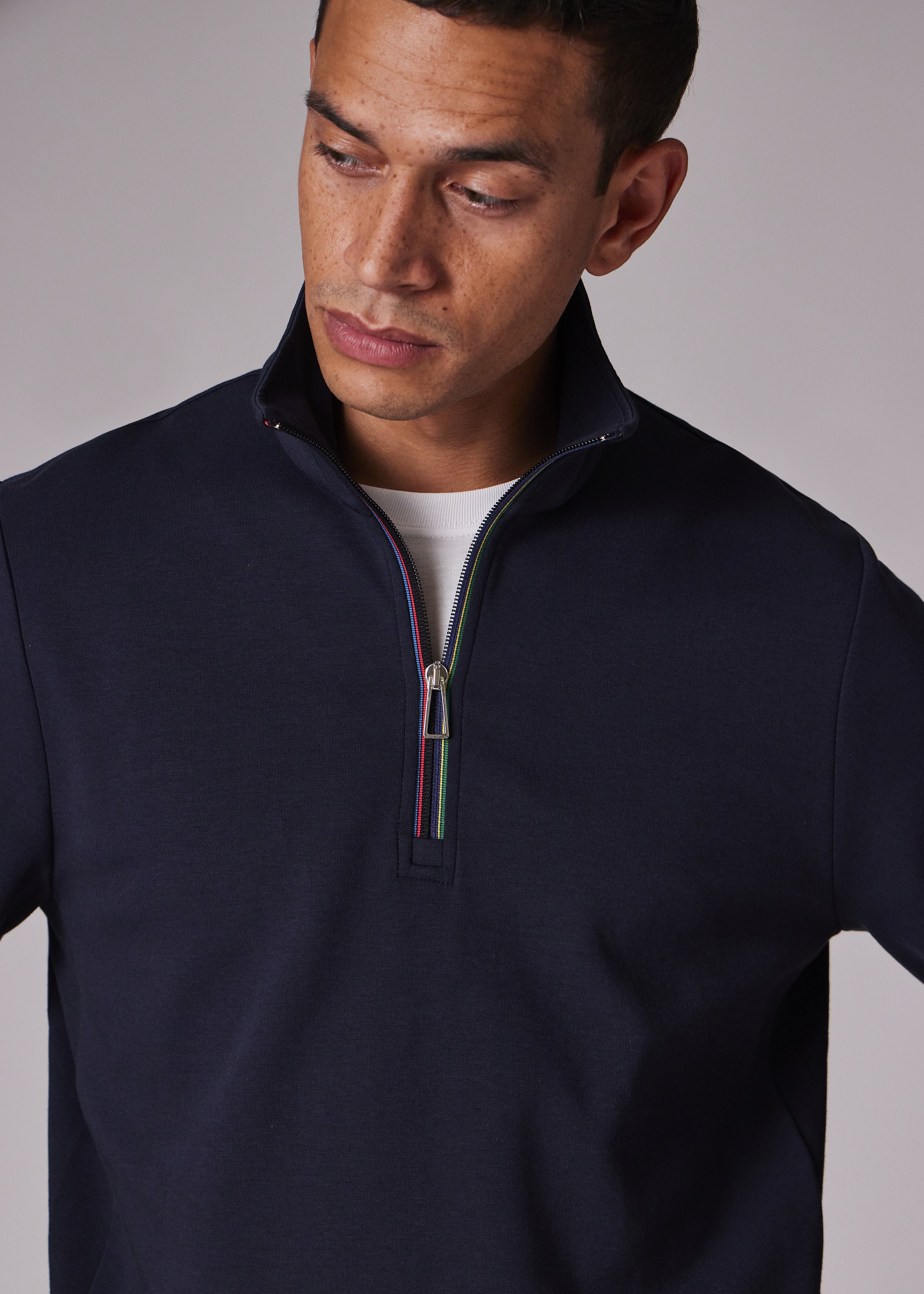Navy Cotton-Blend 'Sports Stripe' Trim Quarter Zip Sweatshirt - 3