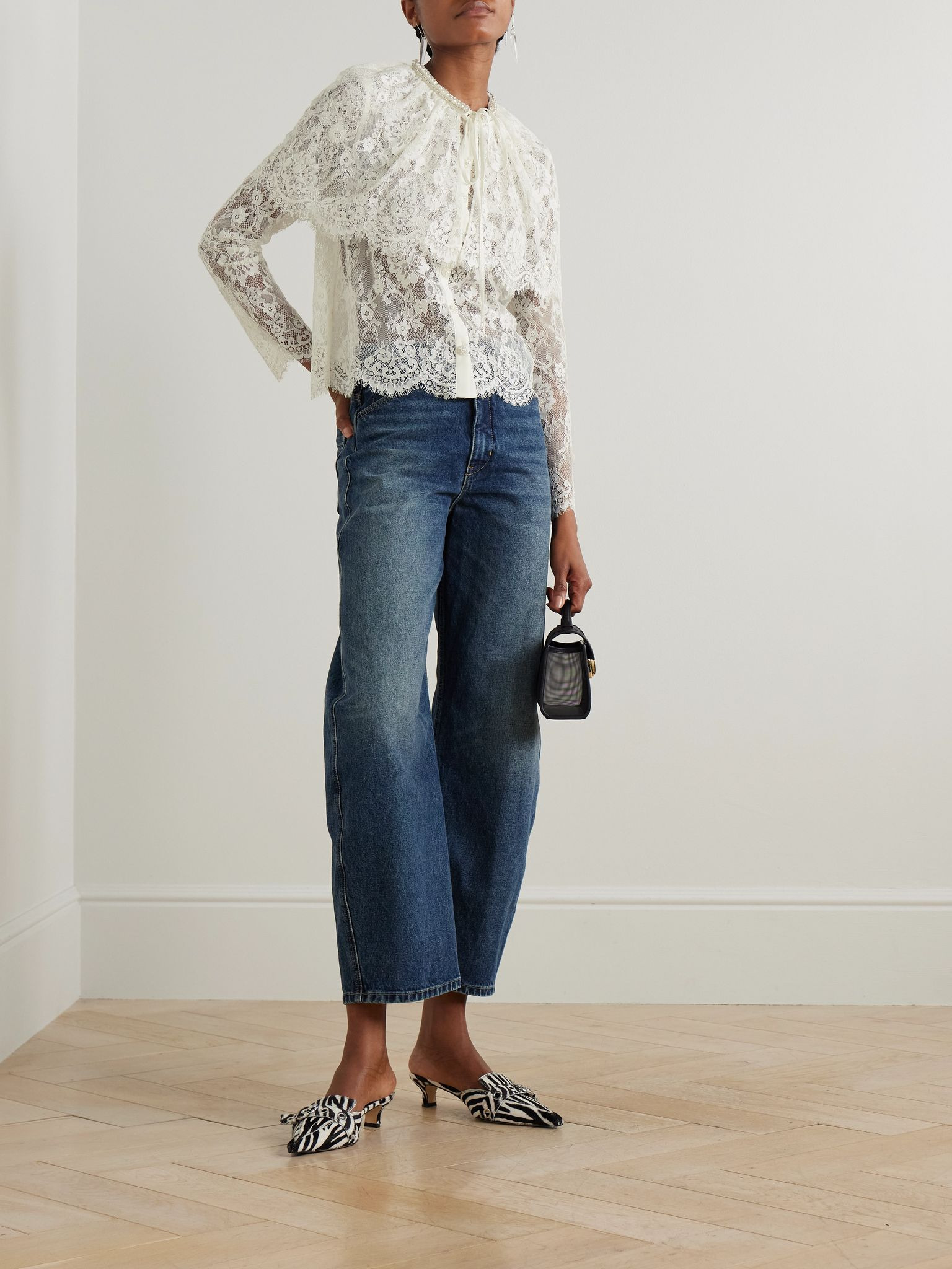 Cape-effect scalloped embellished lace blouse White - 2