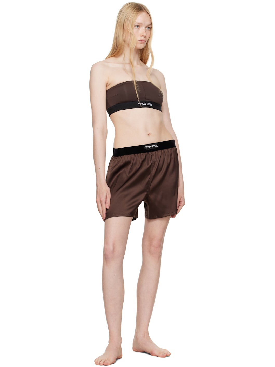 Brown Stretch Silk Satin Boxer Shorts - 4