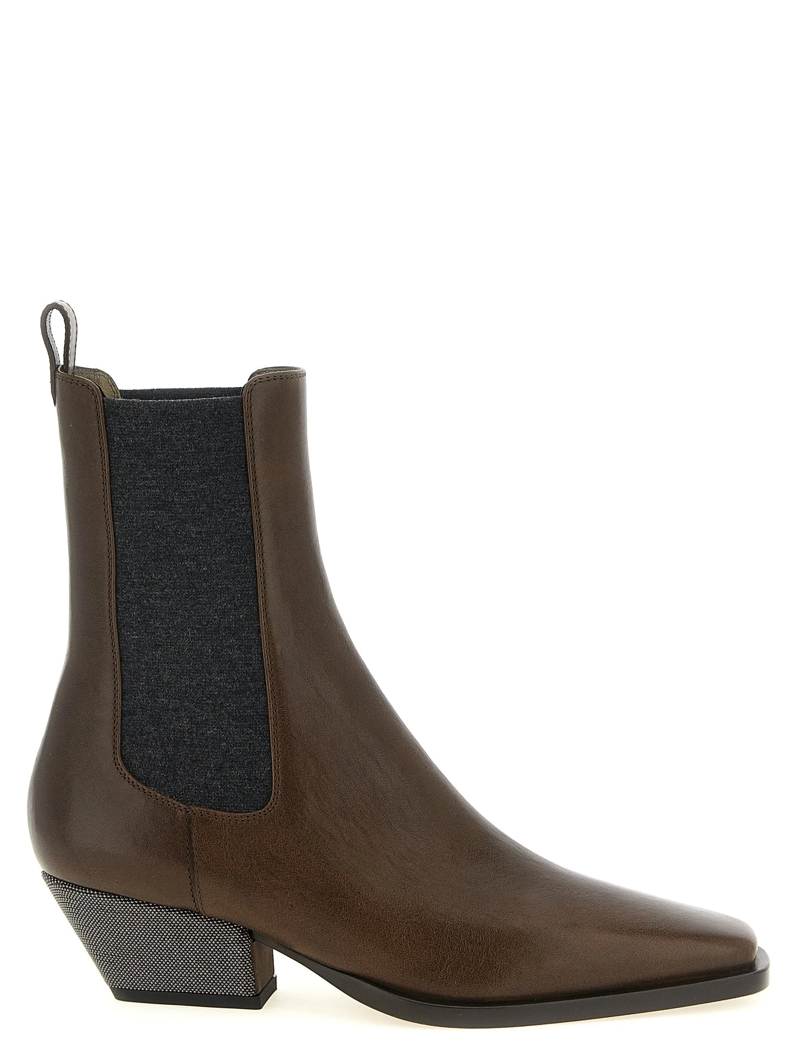 Brunello Cucinelli Cowhide with Monile Heel Chelsea Boot — Brown - 1