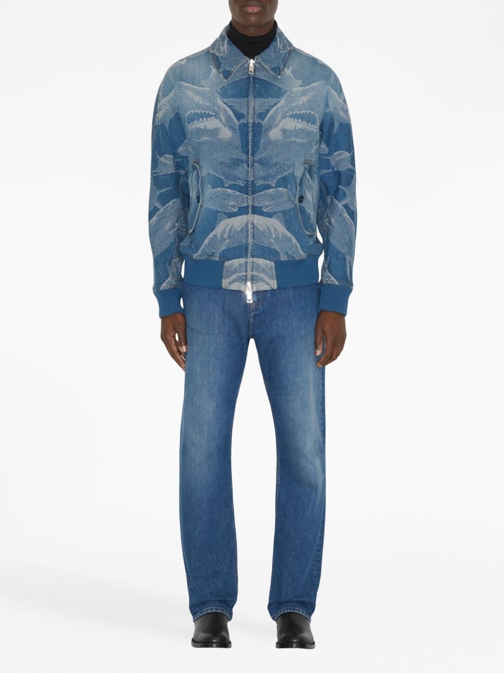 shark-print denim bomber jacket - 2