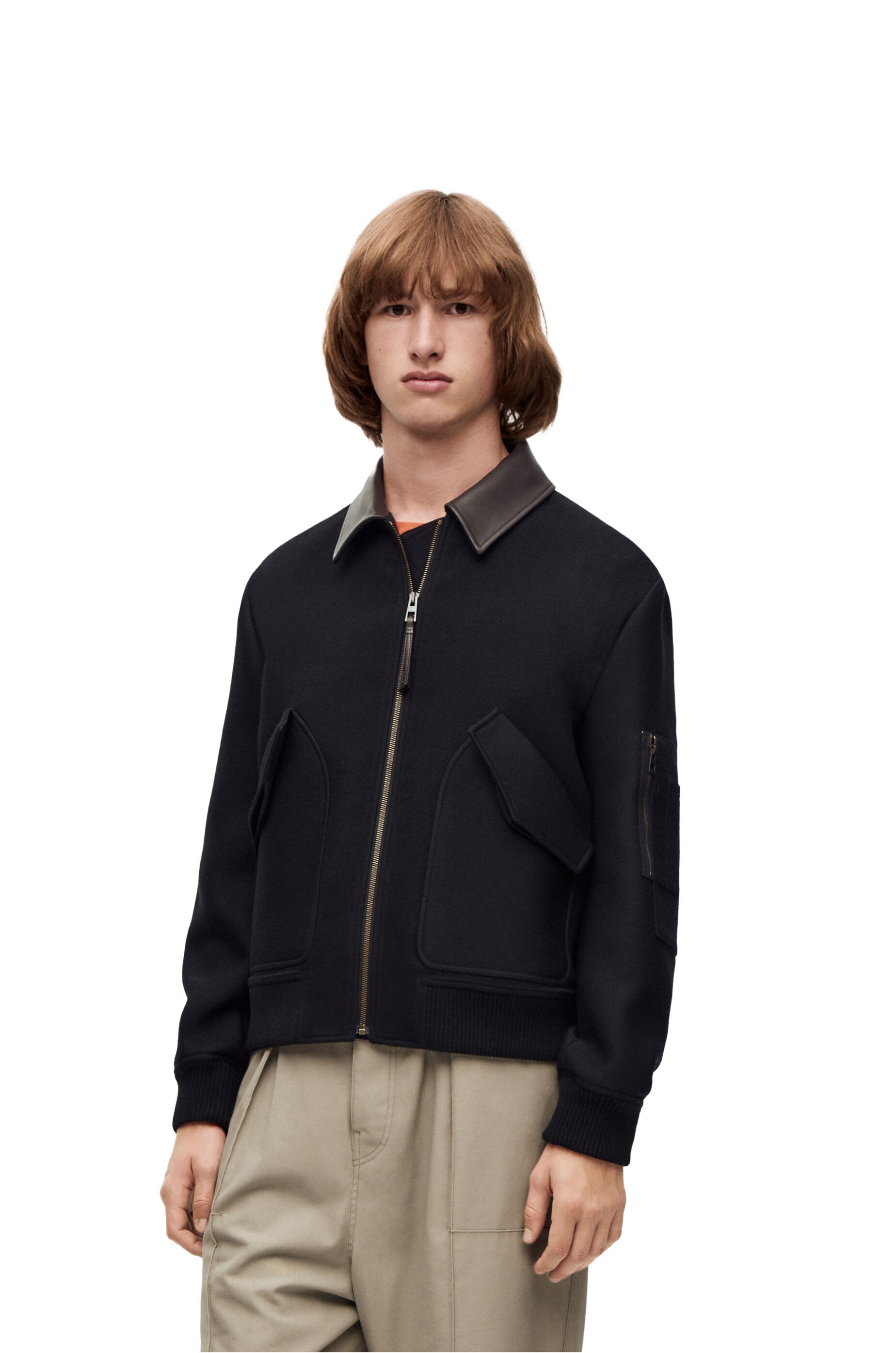 Leather collar bomber jacket in wool and silk - 3