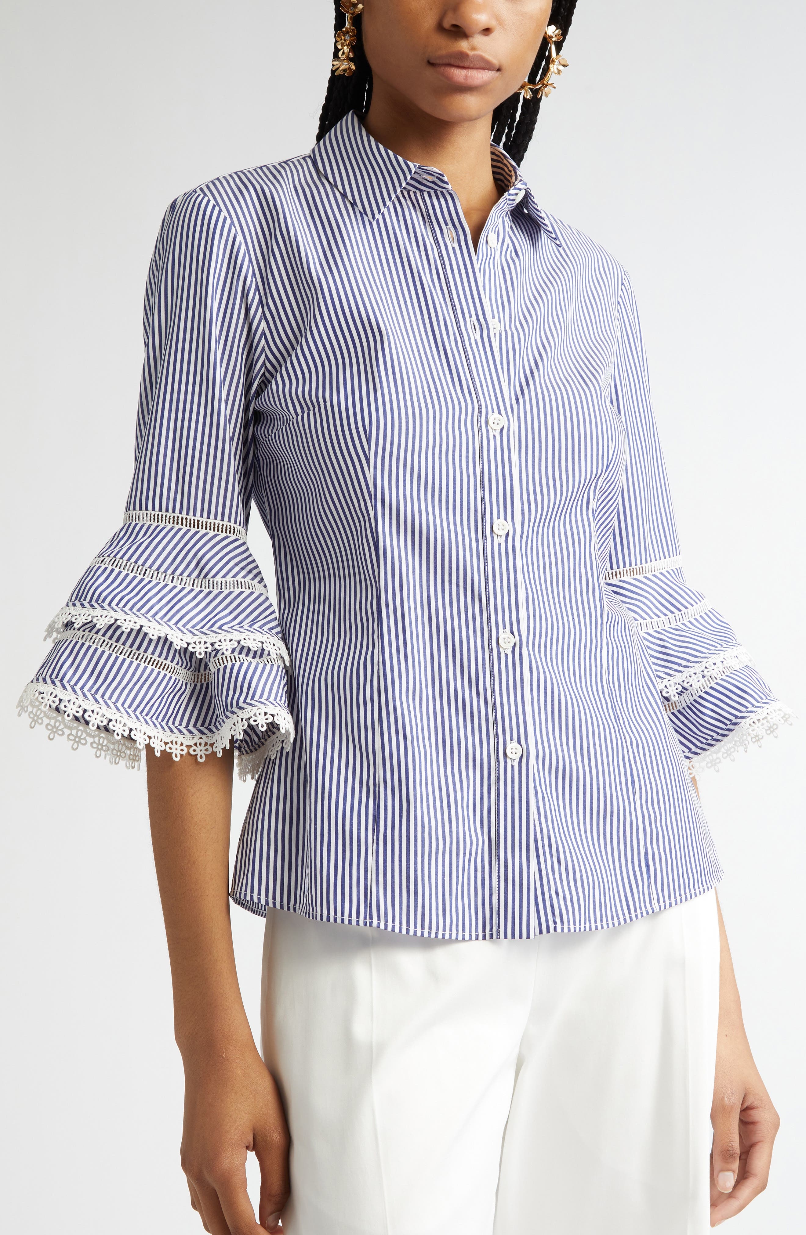 Carolina Herrera Stripe Tiered Ruffle Sleeve Belted Poplin Shirtdress in White/Blue at Nordstrom - 5